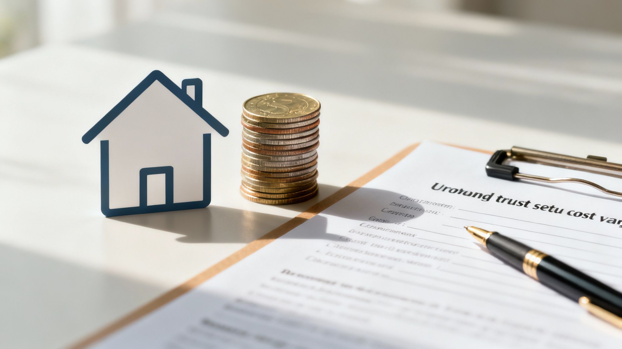 A magnifying glass held over a document with financial charts and symbols, representing the analysis of trust-related costs and details.
