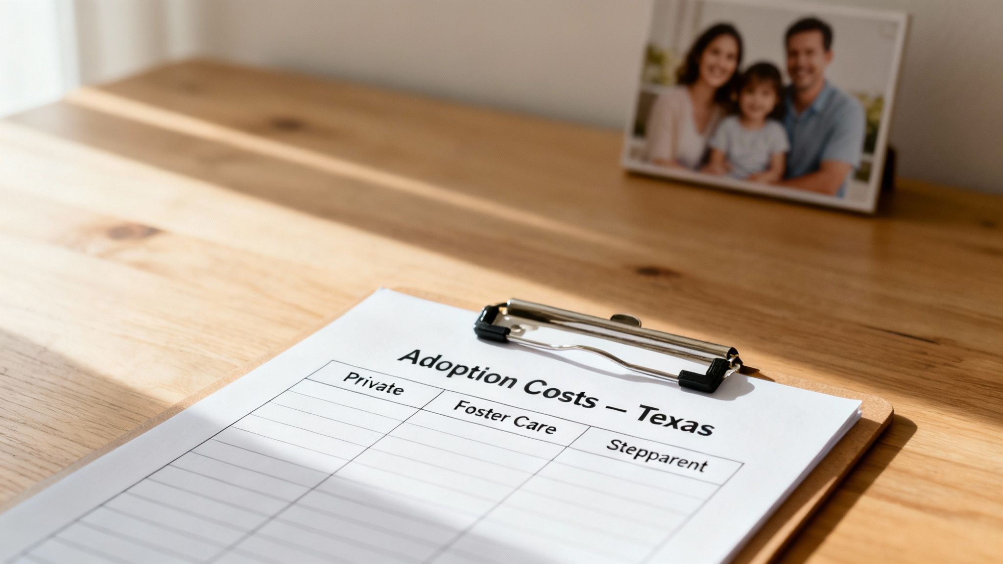 A document titled 'Adoption Costs - Texas' on a clipboard, with a blurred family photo in the background.