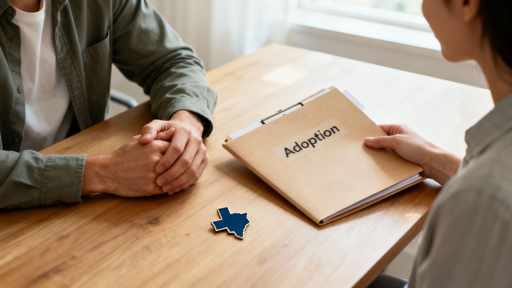 Two people discussing adoption paperwork with folder and Texas state outline on wooden table