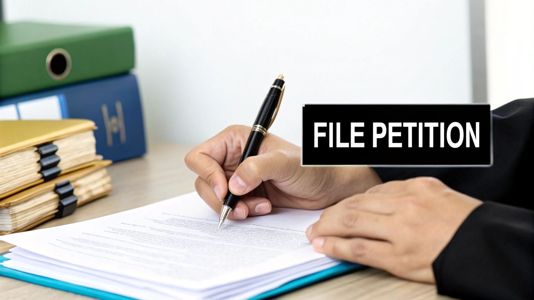 A person signing divorce papers with a pen.