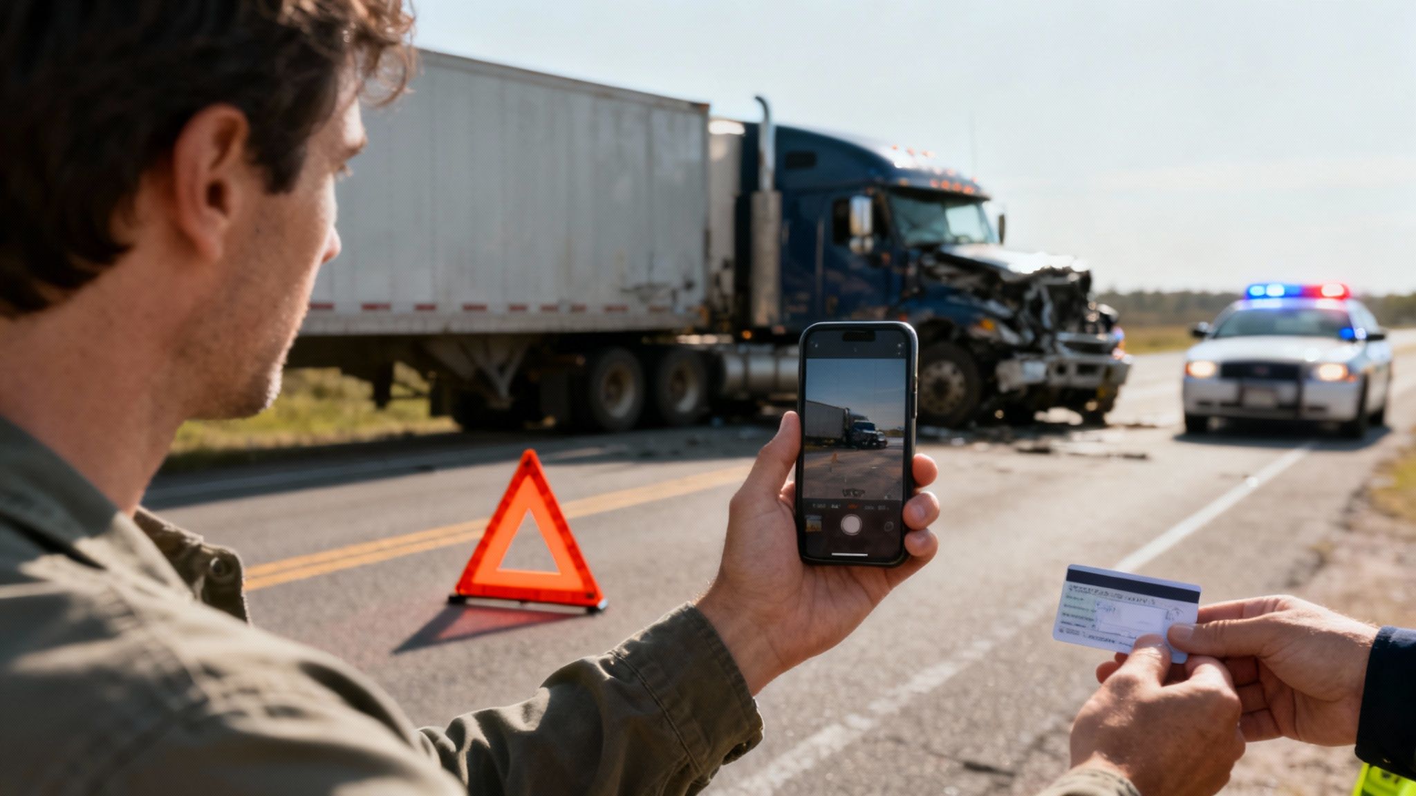 A large commercial truck on a highway with other cars, illustrating a potential accident scenario.