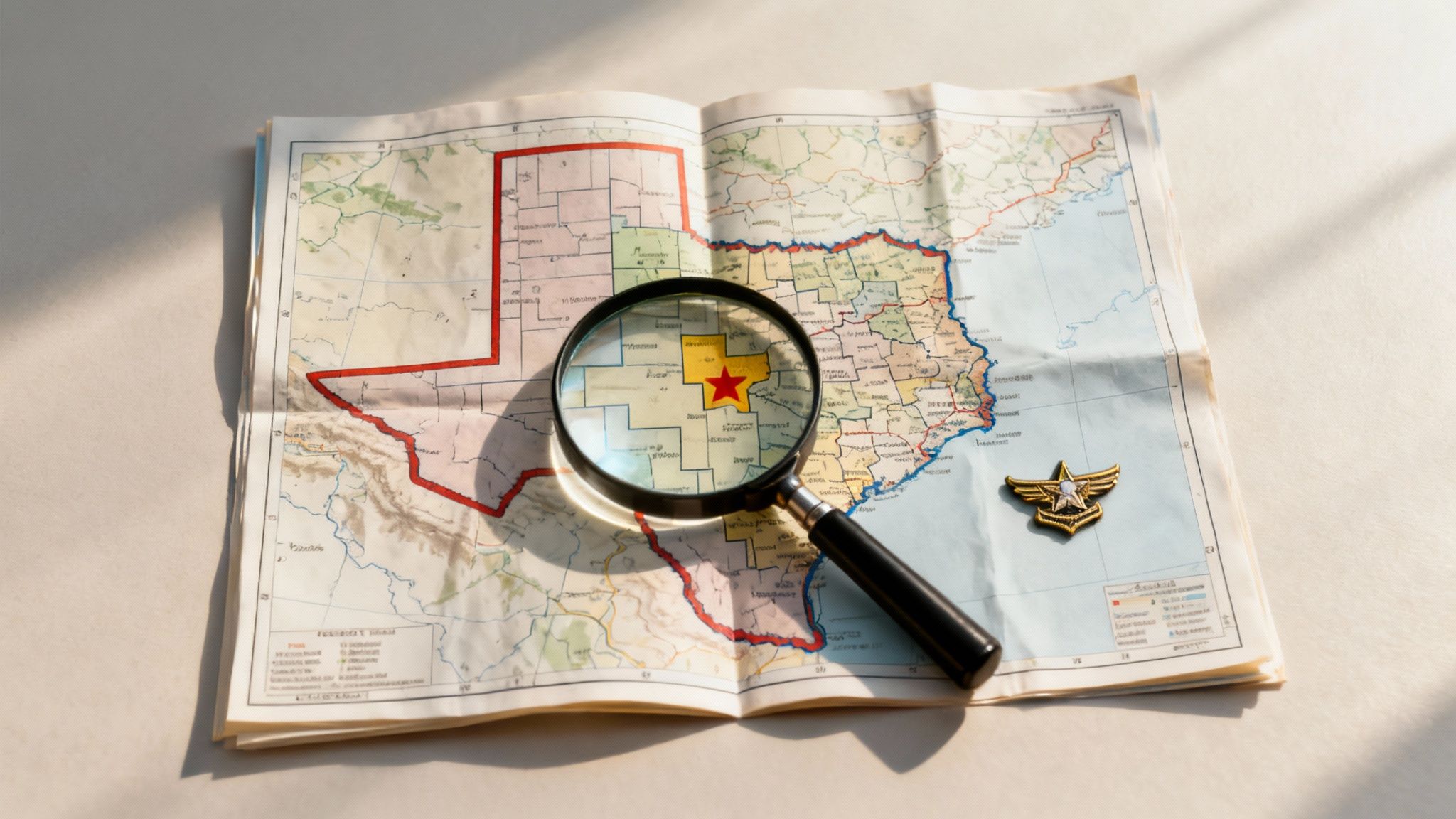 A compass and a map, symbolizing the process of finding the right jurisdiction for a military divorce.