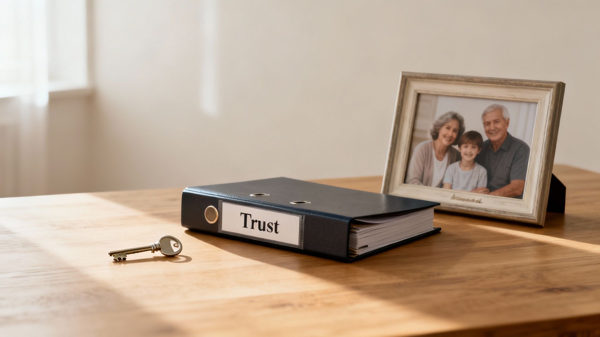 Trust binder on wooden table with key and family photo frame, representing estate planning and family protection in Kingwood, Texas.