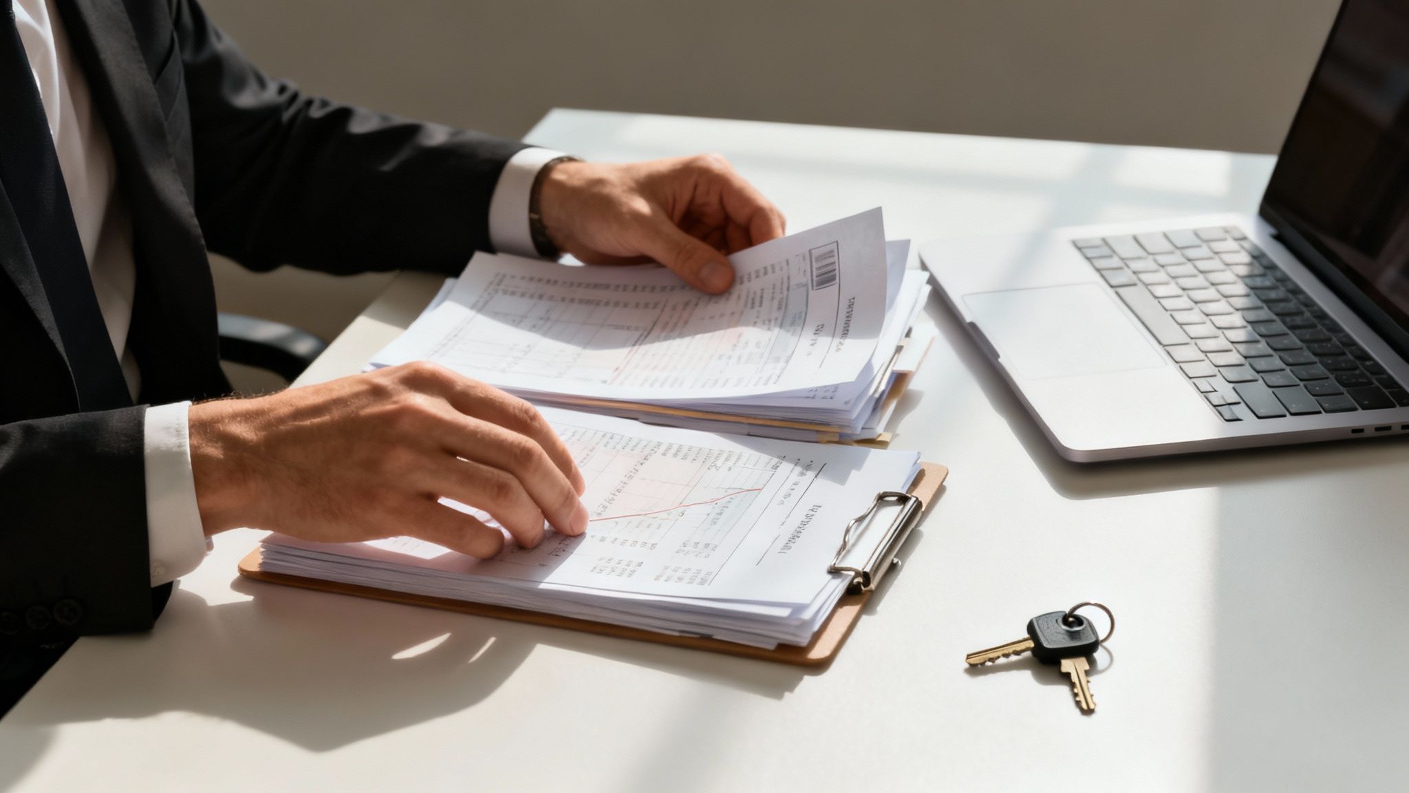 Professional in a suit reviewing documents and financial data at a desk with a laptop and keys.