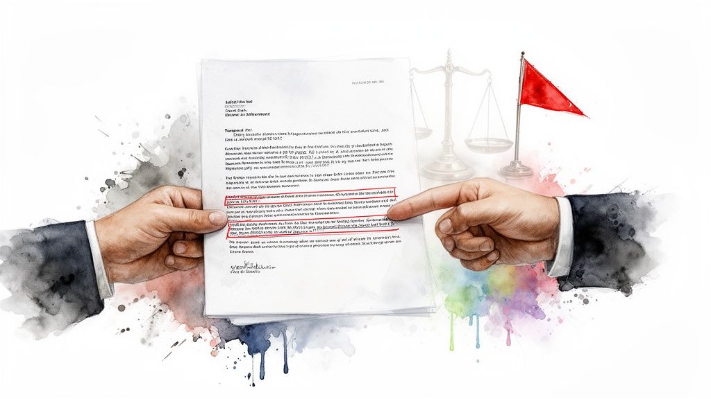 Hands reviewing a legal document with a highlighted section, scales of justice, and a red flag.