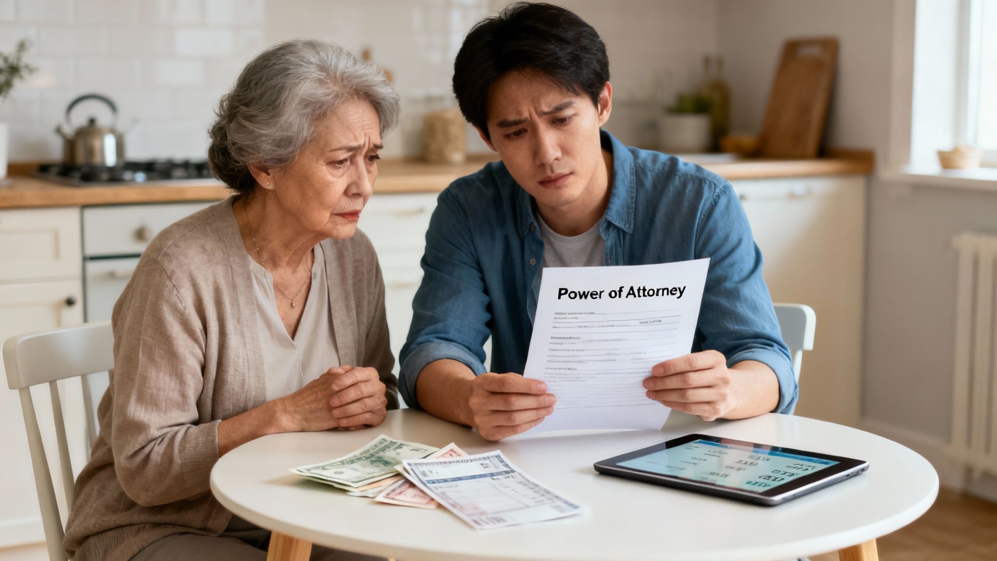 Young man and elderly woman reviewing power of attorney document at table with cash and bills, illustrating concerns about financial management and potential abuse of power of attorney.