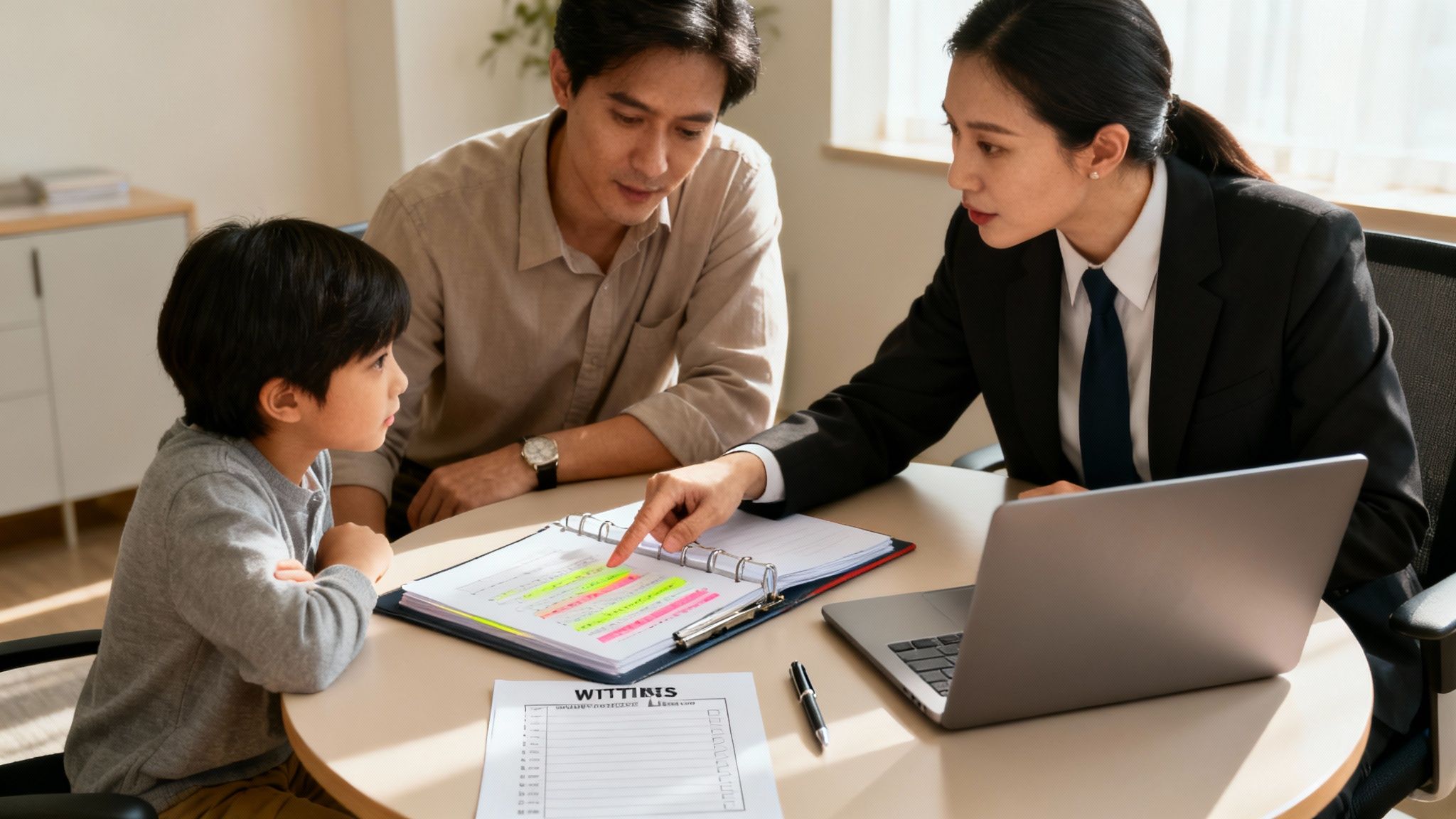 A legal professional explains important documents to a father and his child during a consultation.