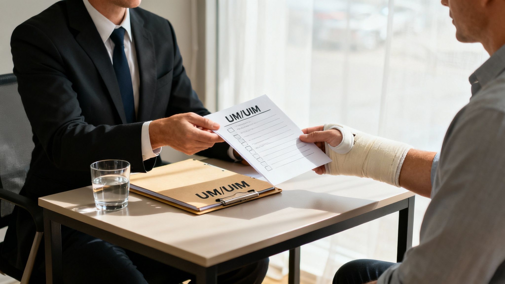 A compassionate lawyer discussing a case with a client in a professional office setting.