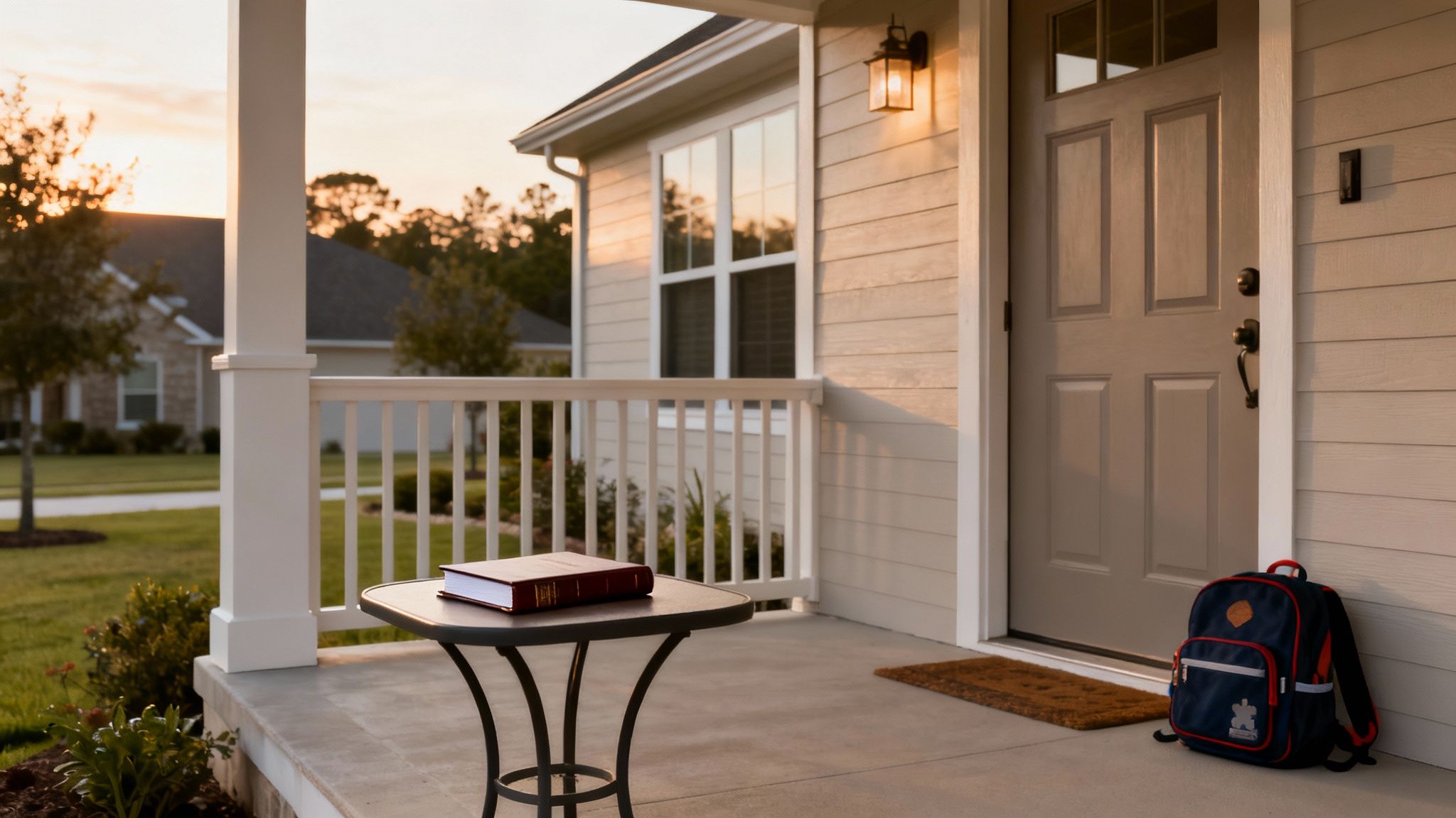 A book on a table and a backpack on the front porch of a house at sunset.