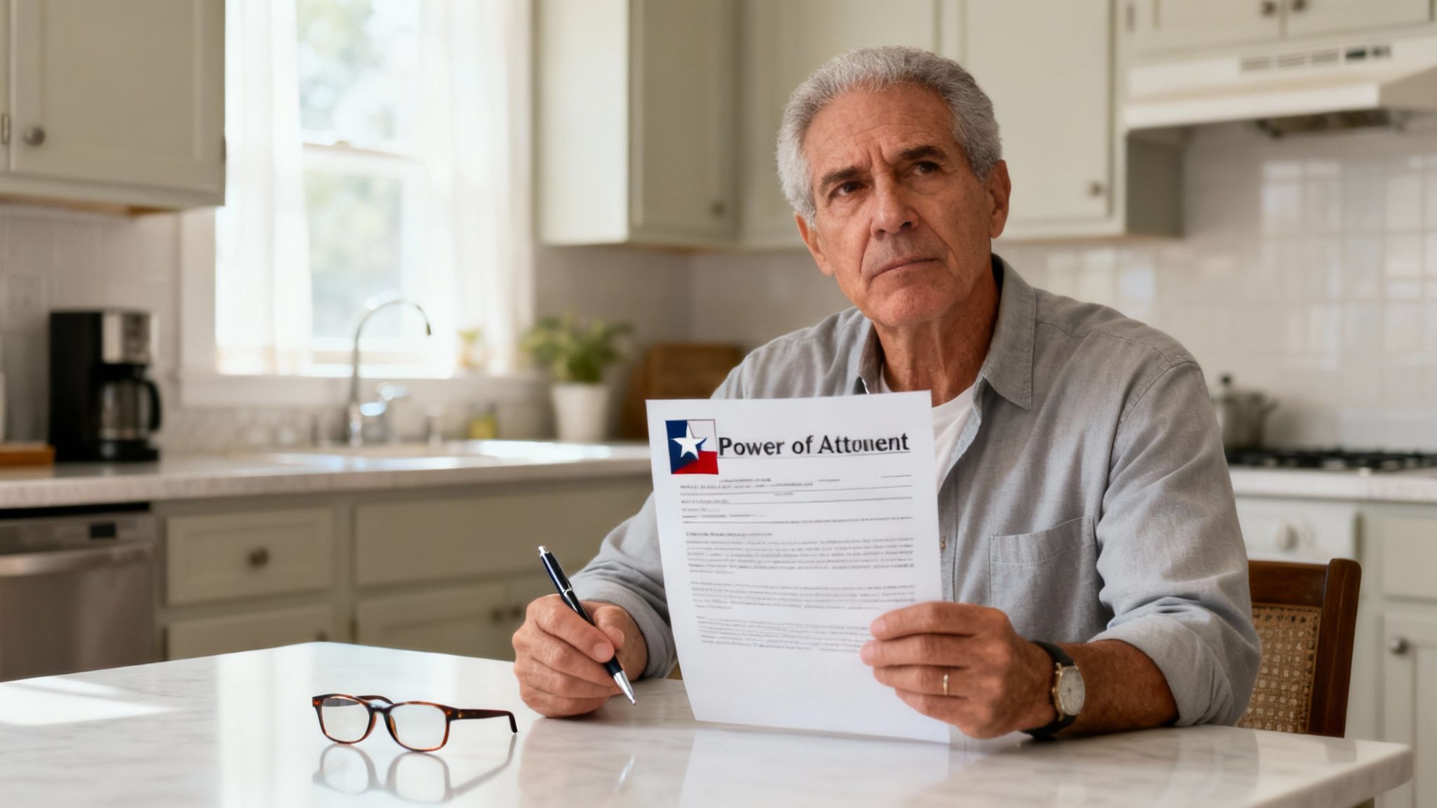 A concerned senior man holds a 'Power of Attorney' document at a kitchen table.