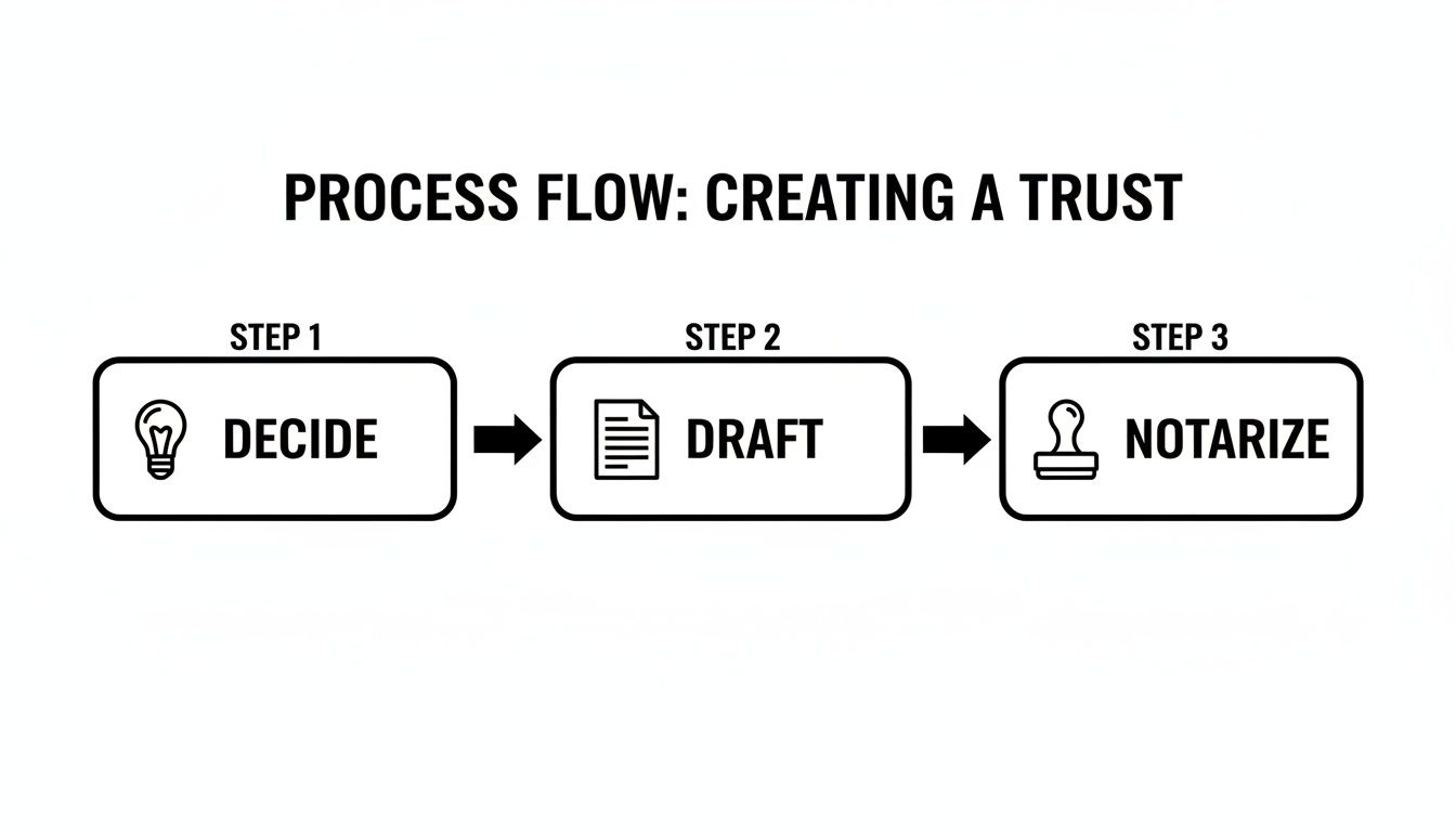 Process flow diagram illustrating the steps for creating a trust: Step 1 - Decide, Step 2 - Draft, Step 3 - Notarize, emphasizing the trust setup process in estate planning.