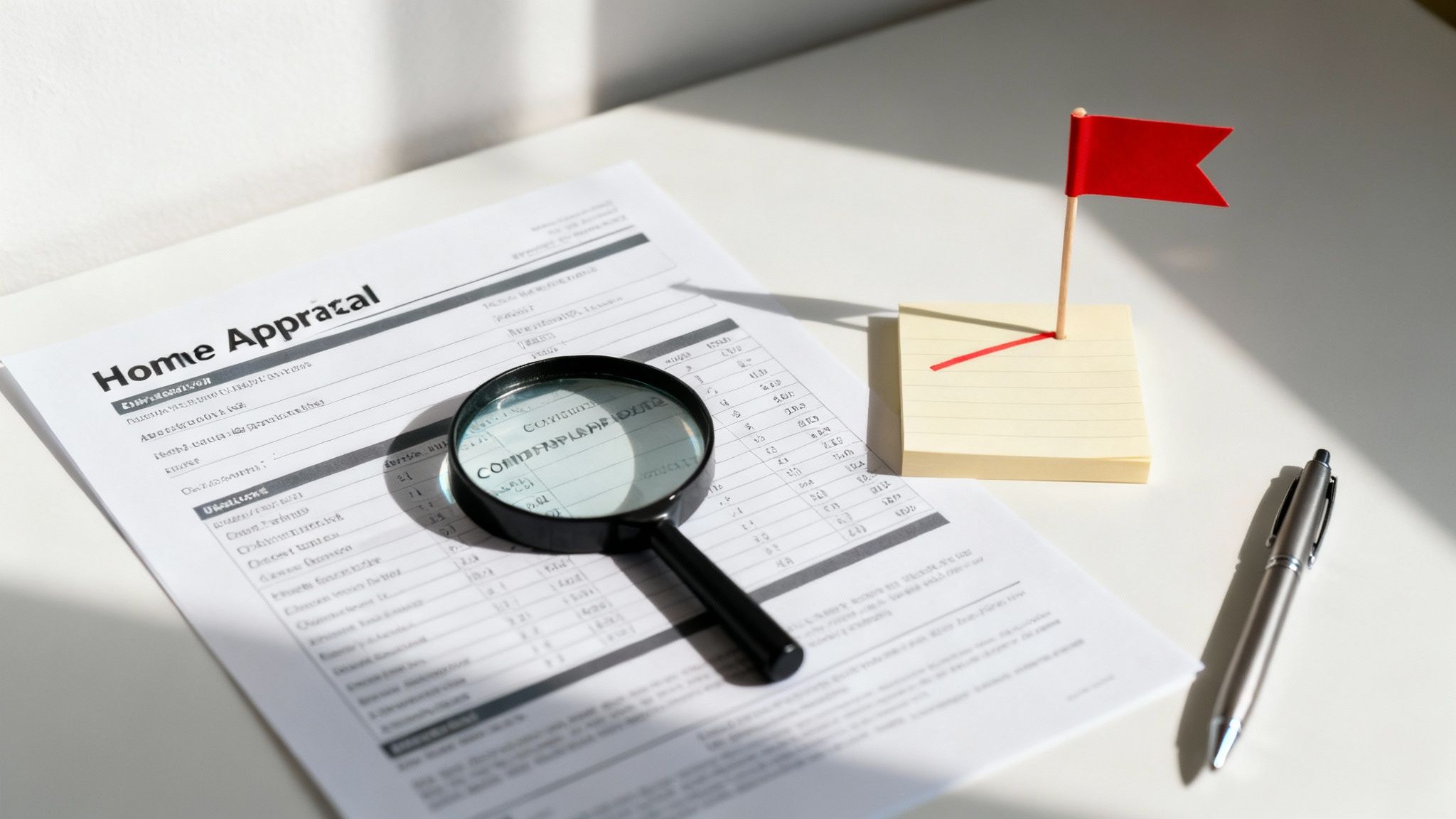 A magnifying glass held over a house, symbolizing the inspection of a home appraisal for errors.