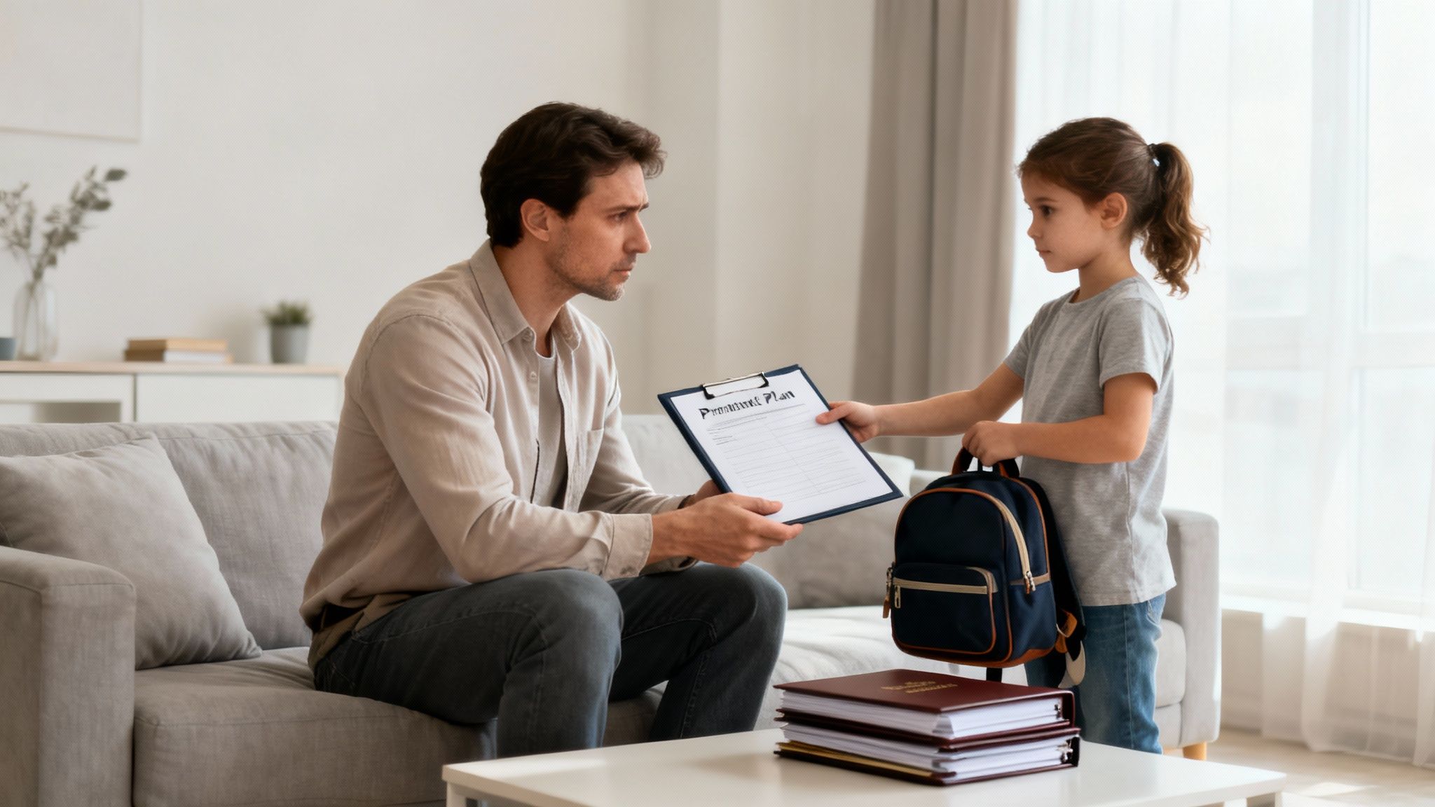 A man and a young girl seriously discuss a document titled 'Permanent Plan' in a living room.