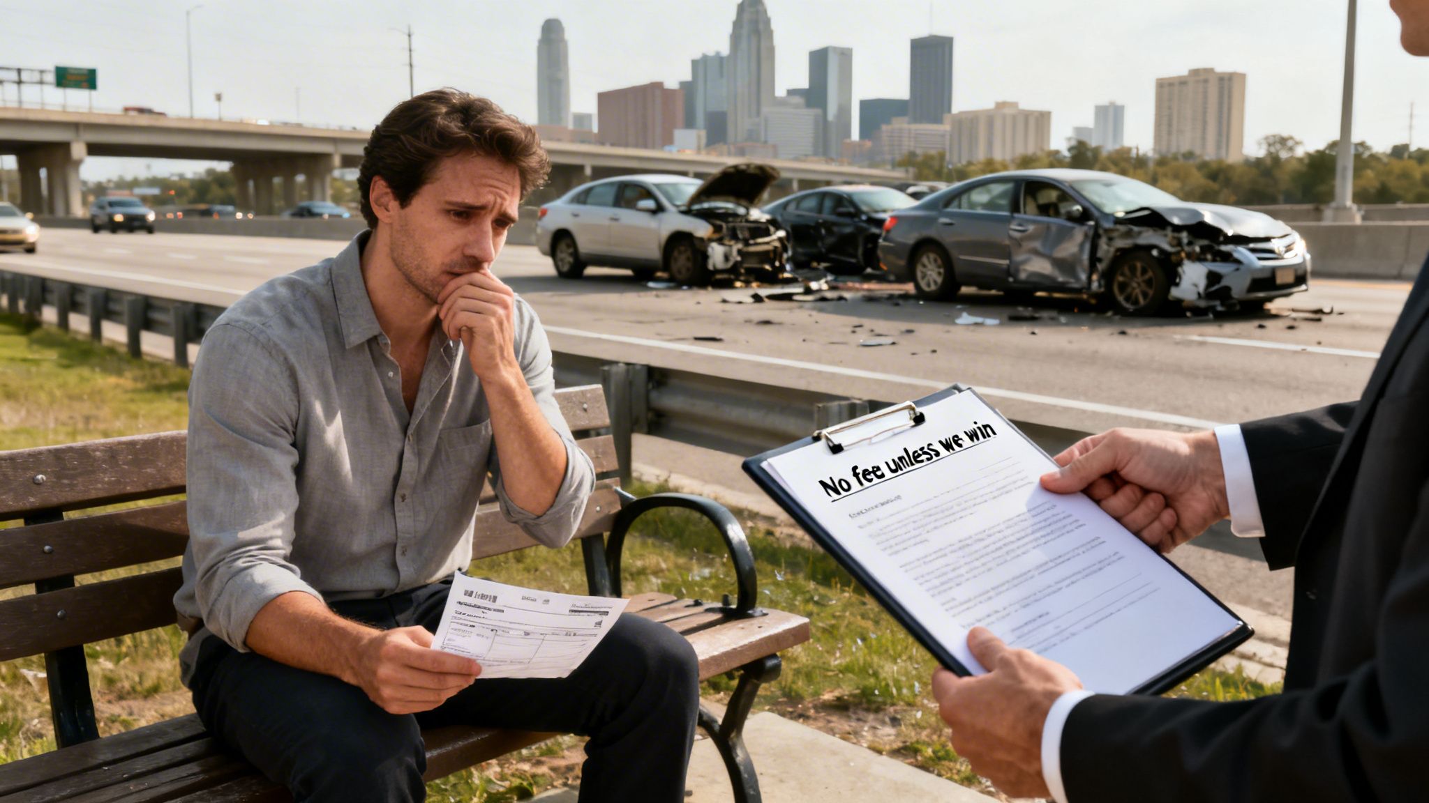 A distressed man with an accident lawyer discussing legal terms 'No fee unless we win' after a car crash.