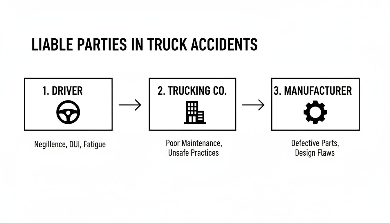 Infographic detailing liable parties in truck accidents: driver, trucking company, and manufacturer responsibilities.