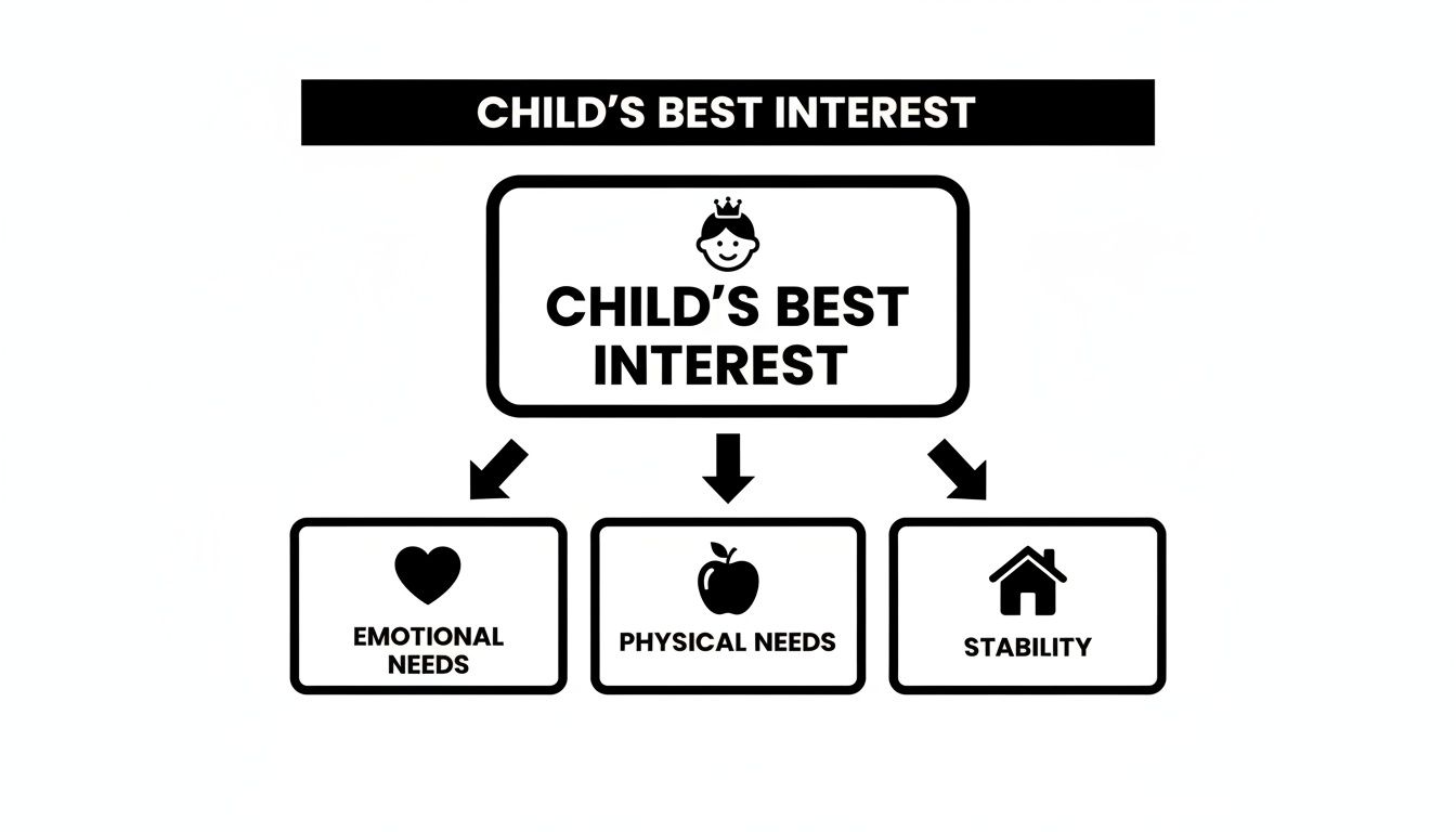 Diagram illustrating a child's best interest, composed of emotional needs, physical needs, and stability.