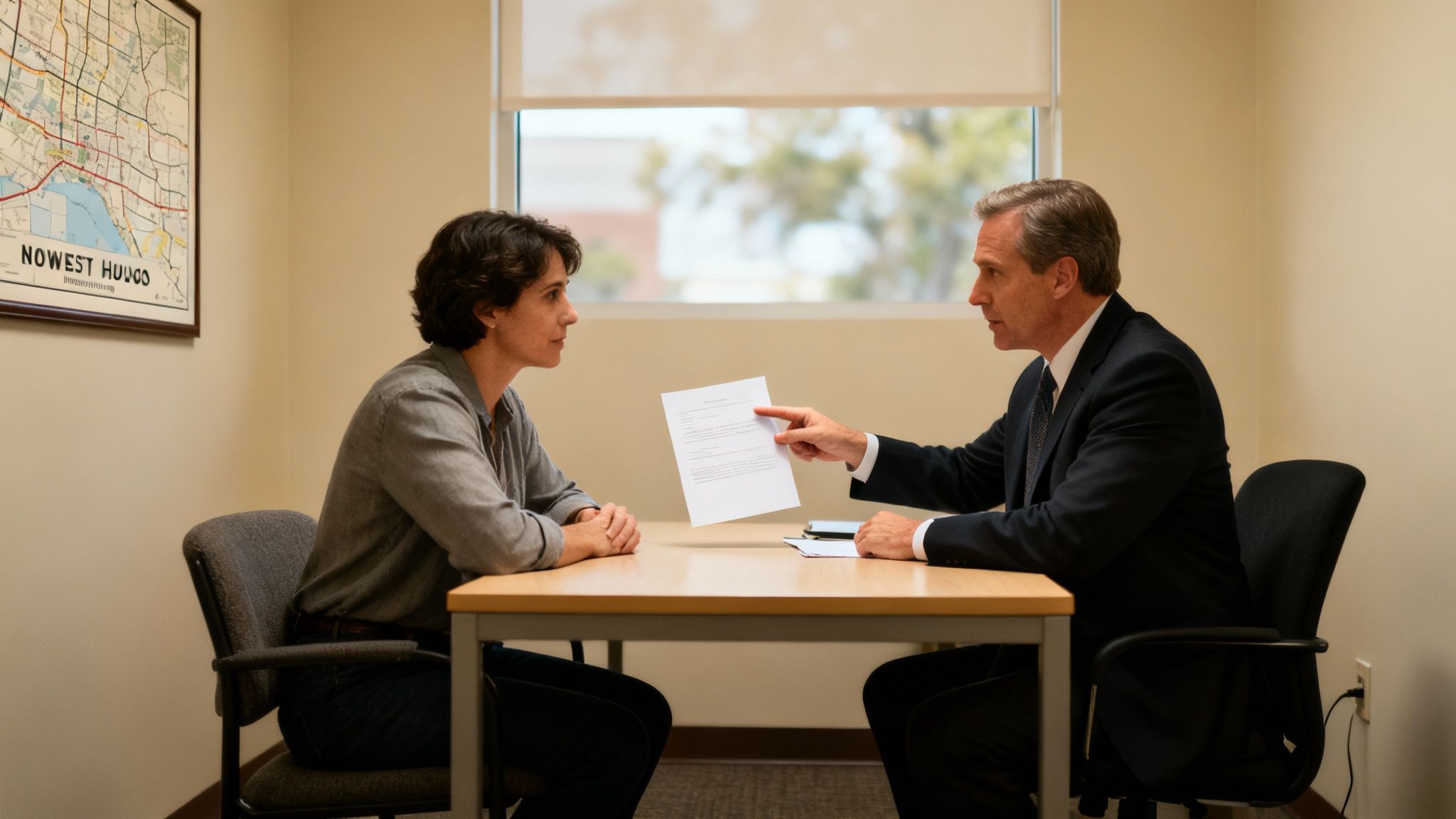 A man in a suit points to a document while consulting with a woman at a desk.