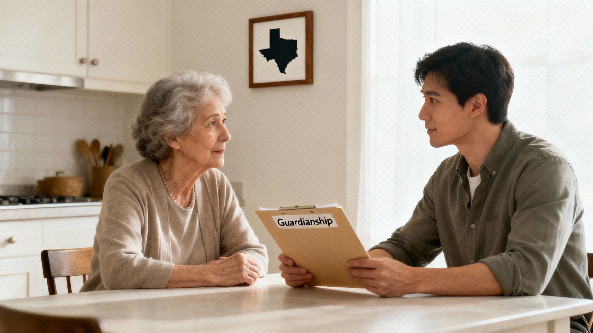 Young man discussing guardianship legal documents with elderly woman at kitchen table in Texas home