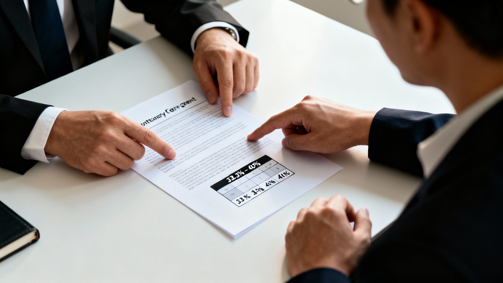 Two men in suits discussing a financial settlement or contract document with percentages.