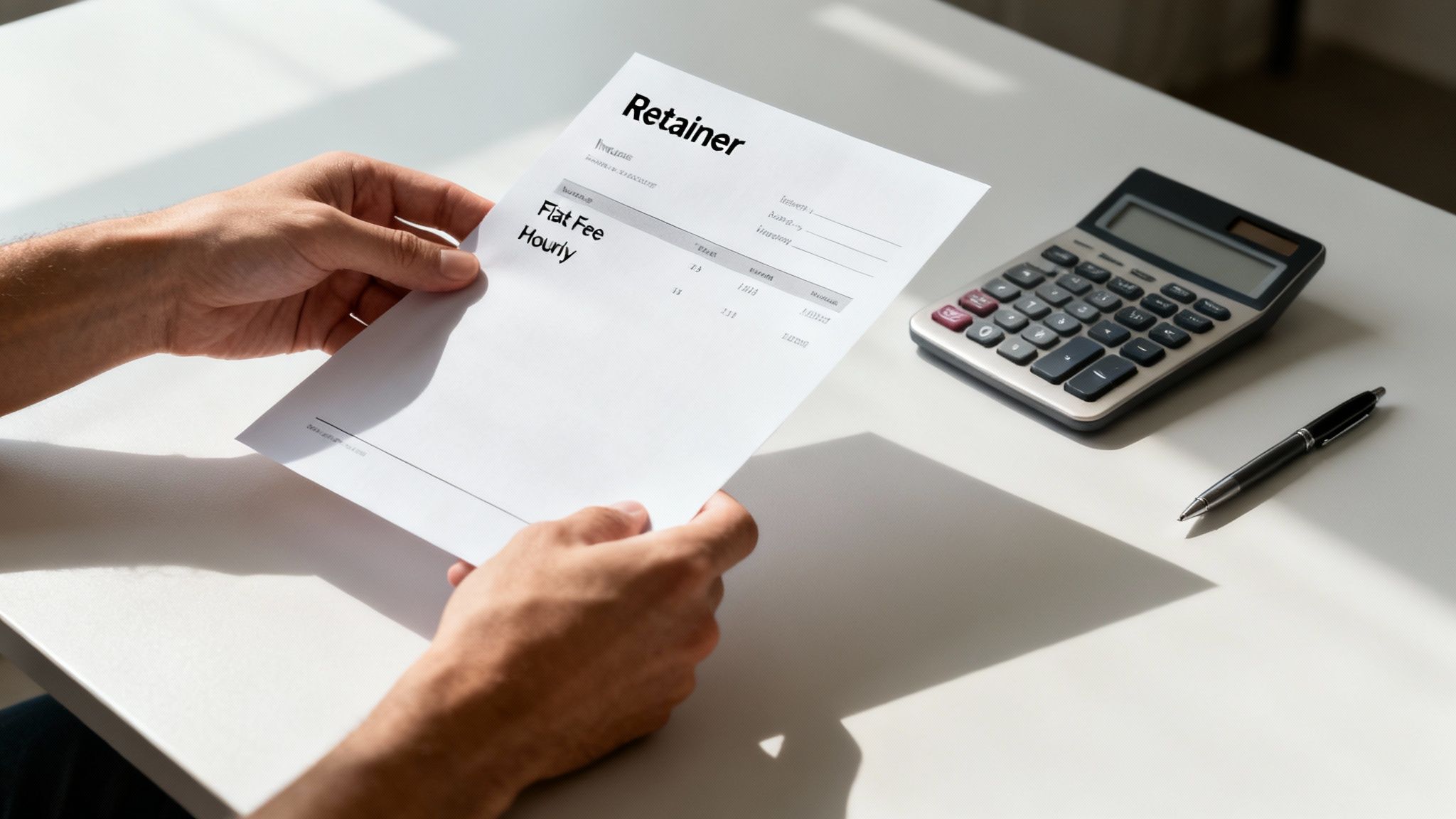 A person reviews a document with a calculator, symbolizing the process of understanding legal fees.