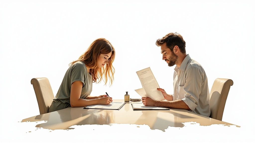 Couple reviewing divorce documents at a table, illustrating the legal process of contested versus uncontested divorce.