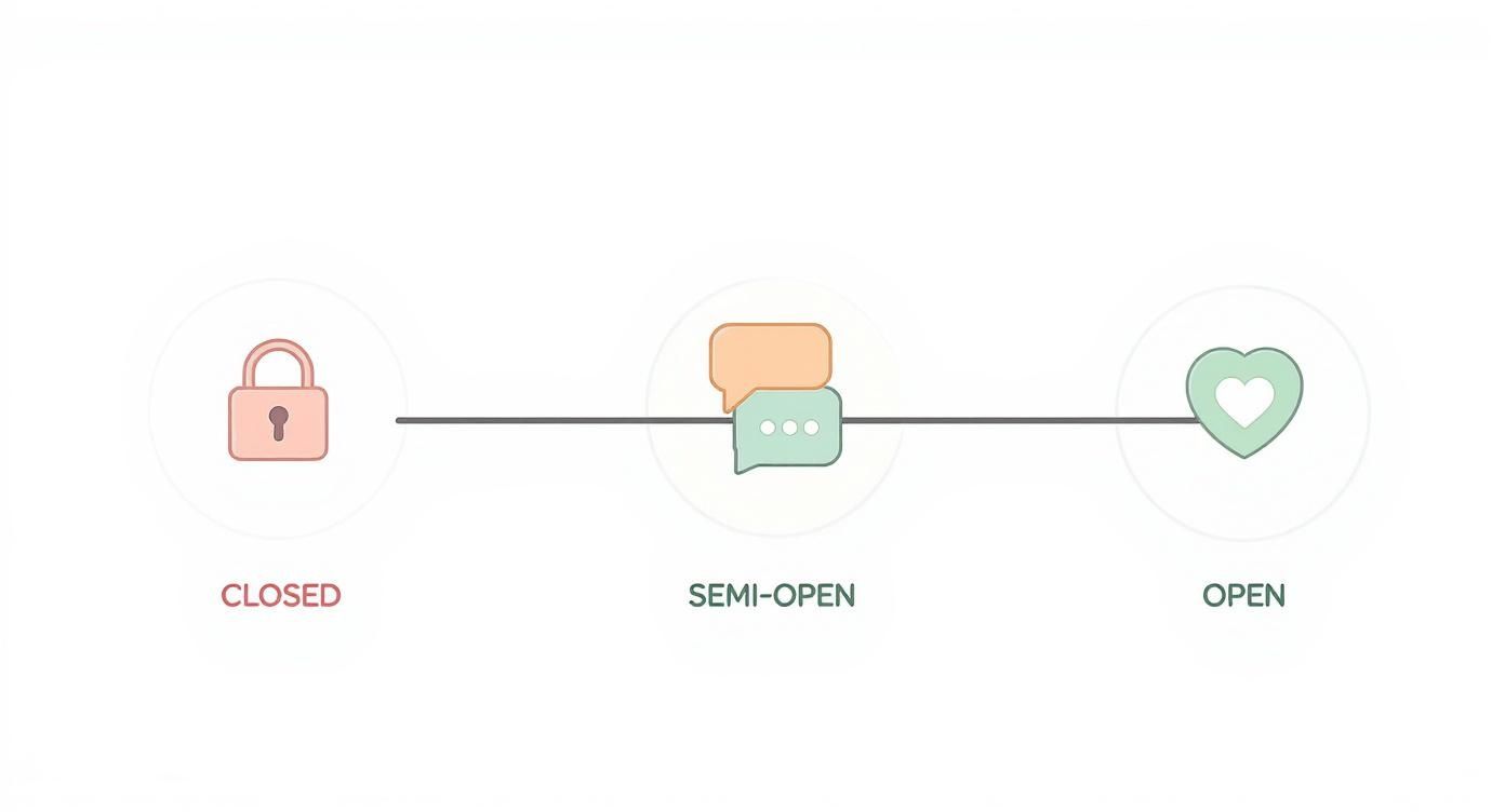 An infographic timeline showing the different types of adoption communication: a lock icon for closed, a speech bubble for semi-open, and a heart for open adoption.