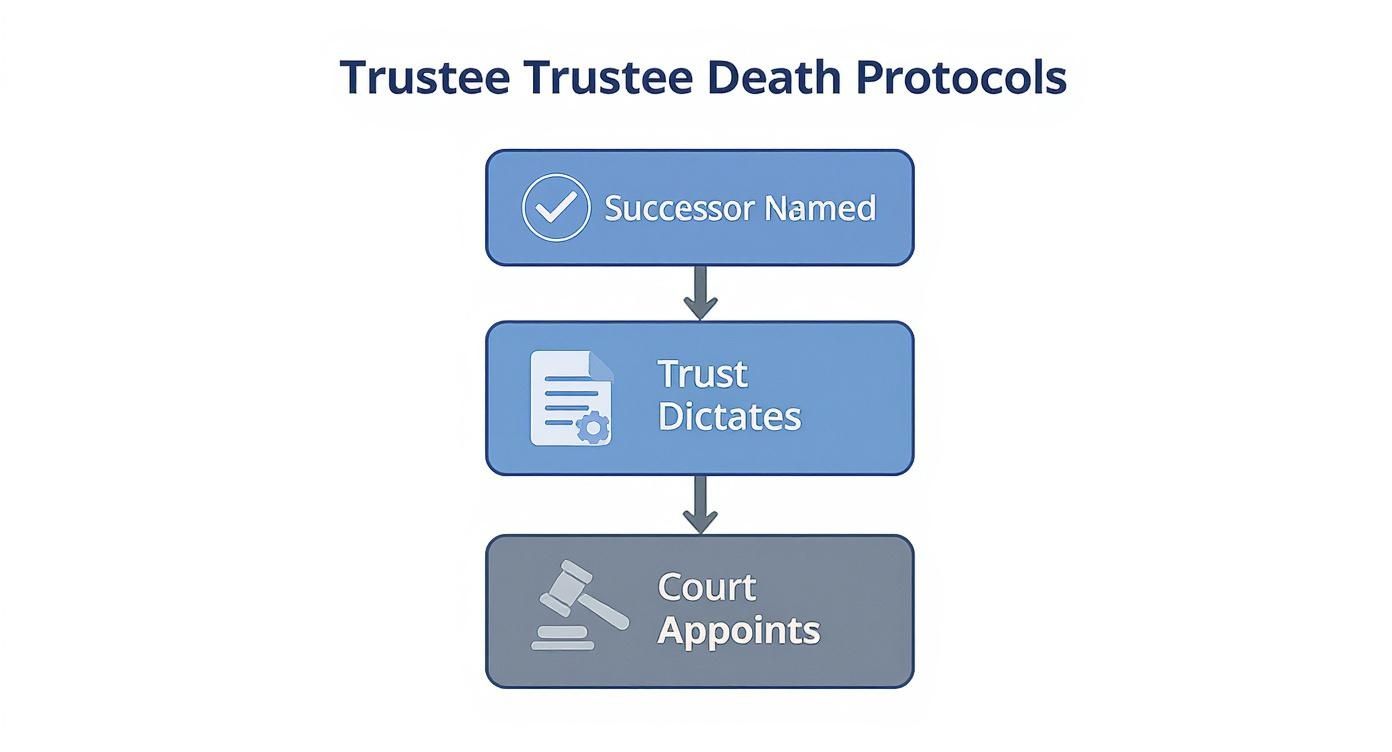 Flowchart showing the protocols for appointing a new trustee after a trustee's death, involving successor, trust, and court.