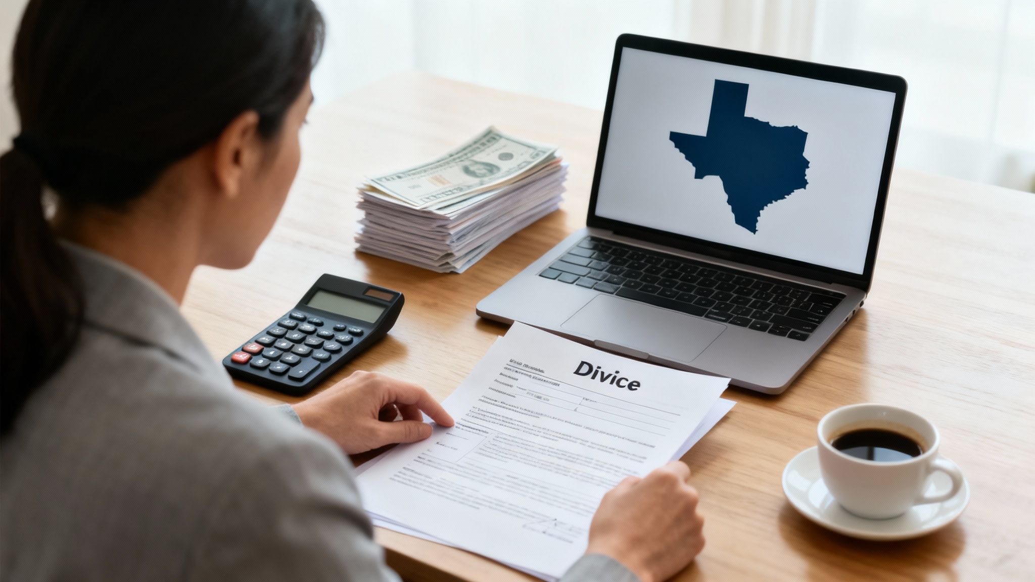 A woman reviews divorce papers, a calculator, money, and a laptop with a Texas map, symbolizing divorce costs.