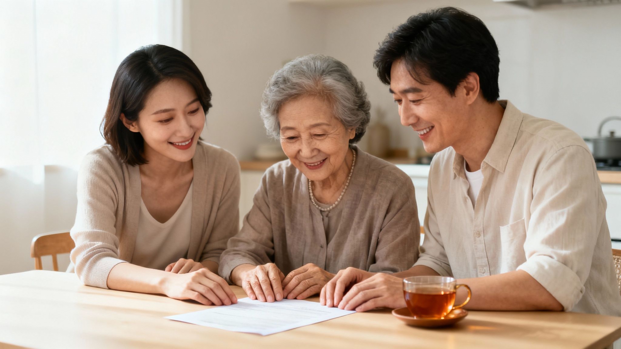 A happy Asian family, an elderly woman with a younger couple, reviewing documents at a table.