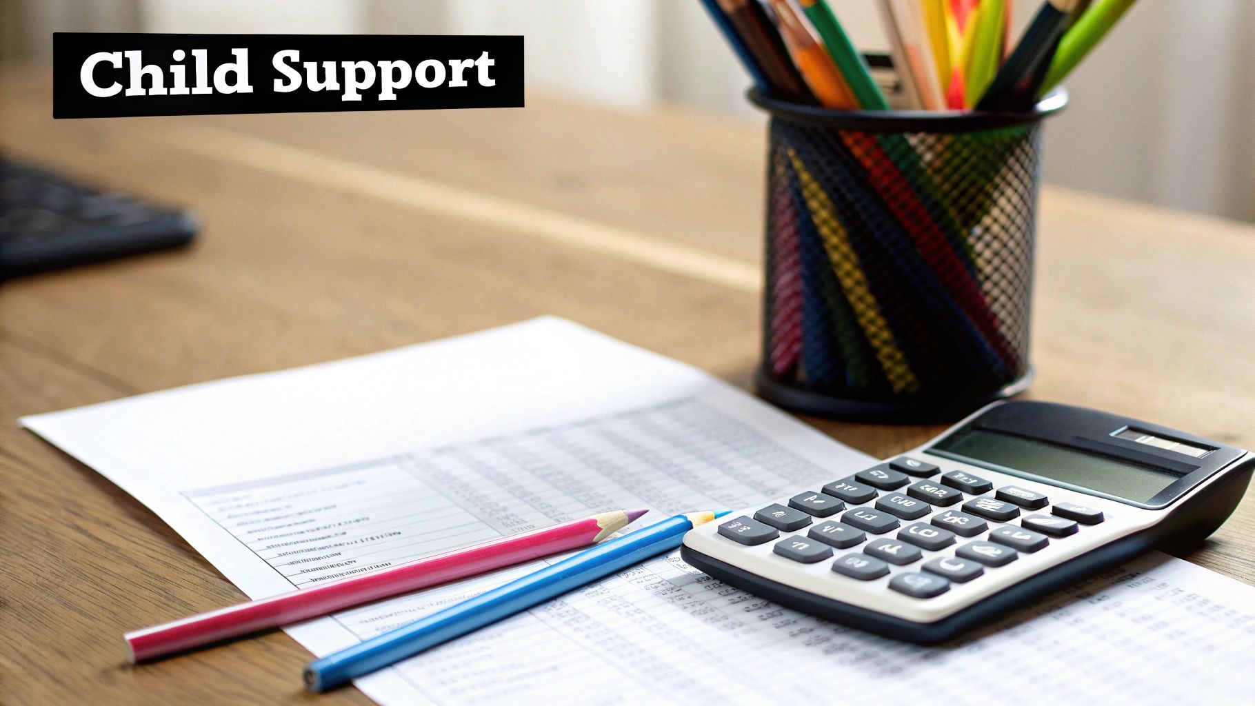 A calculator and pen resting on legal documents, symbolizing the financial planning involved in child support.