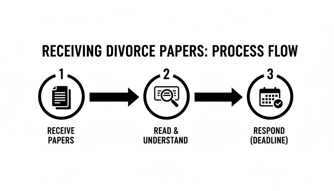 Receiving divorce papers process flow: steps to receive, read, and respond to divorce petitions in Texas.
