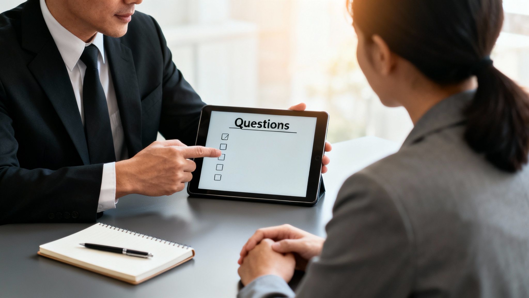 A businessman points at a tablet displaying 'Questions' with a checklist during a consultation.