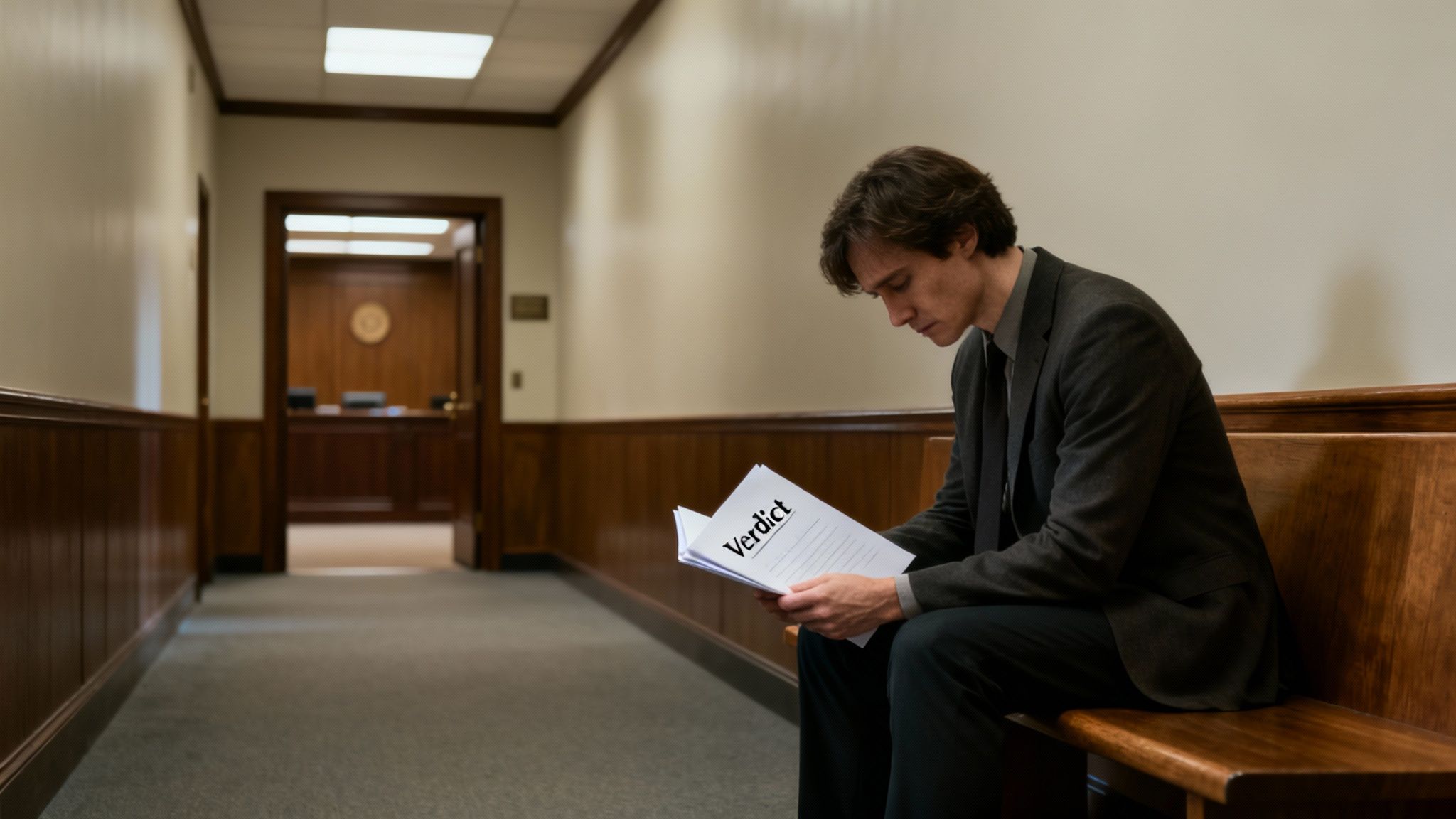 A man in a suit sits on a bench in a courthouse hallway, intently reading a document titled "Verdict."