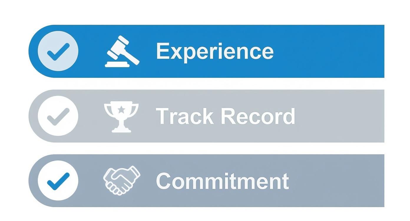Infographic highlighting essential qualities for choosing a Texas criminal defense attorney: experience, track record, and commitment, with checkmarks for validation.