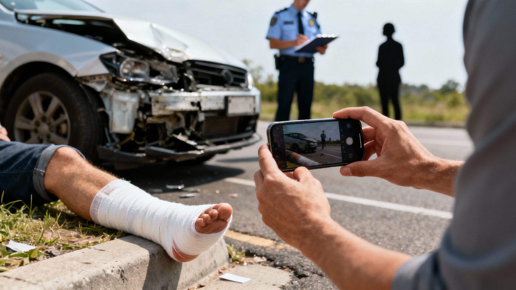 A person with a bandaged leg photographs a car accident scene with a police officer investigating.