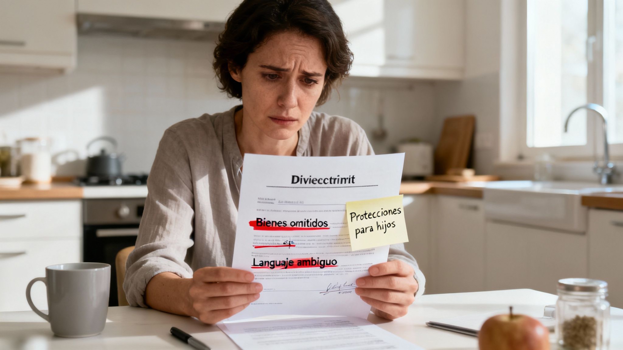Mujer angustiada revisando un documento de divorcio con notas sobre bienes omitidos y protecciones para hijos.