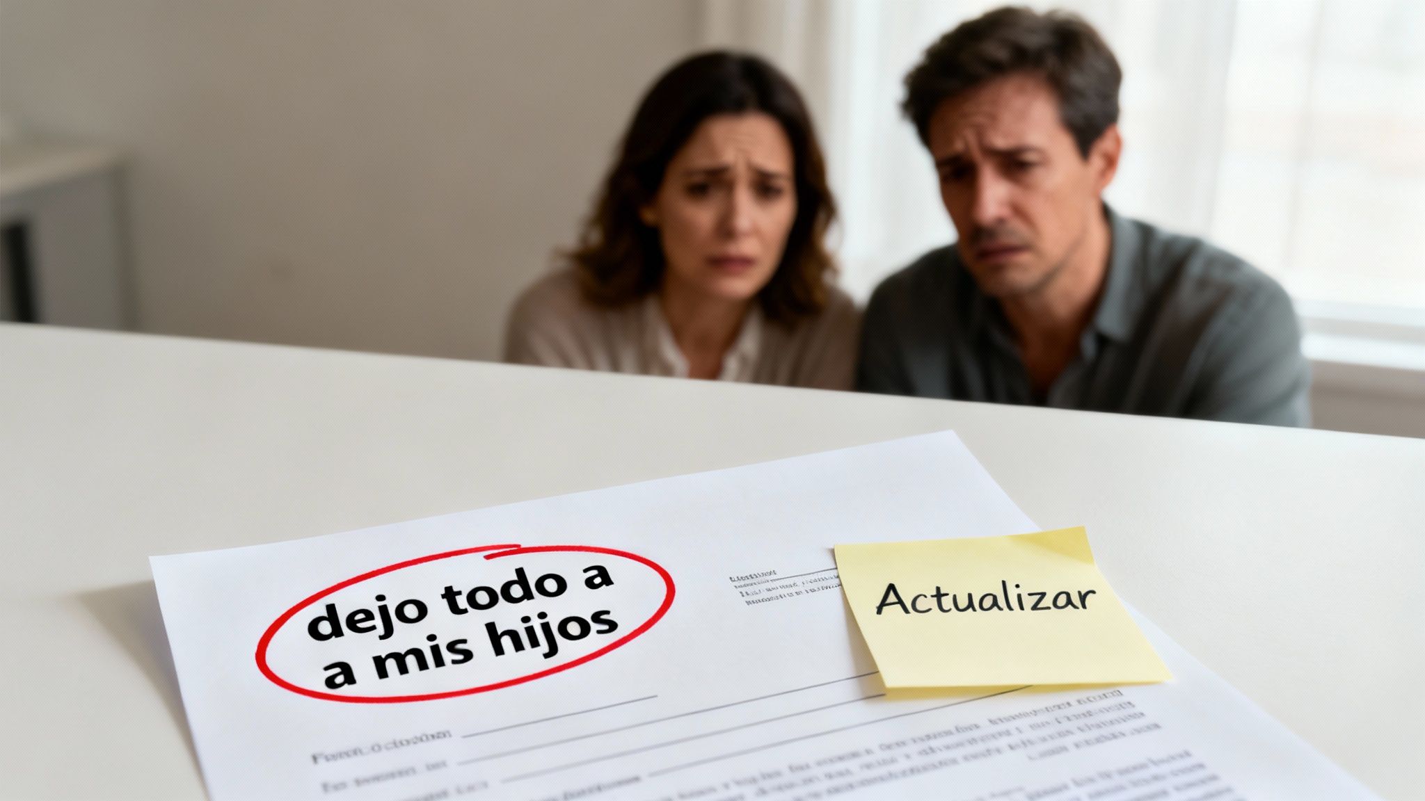Una pareja preocupada mira documentos legales sobre una herencia, con la frase "dejo todo a mis hijos" y una nota de "Actualizar".