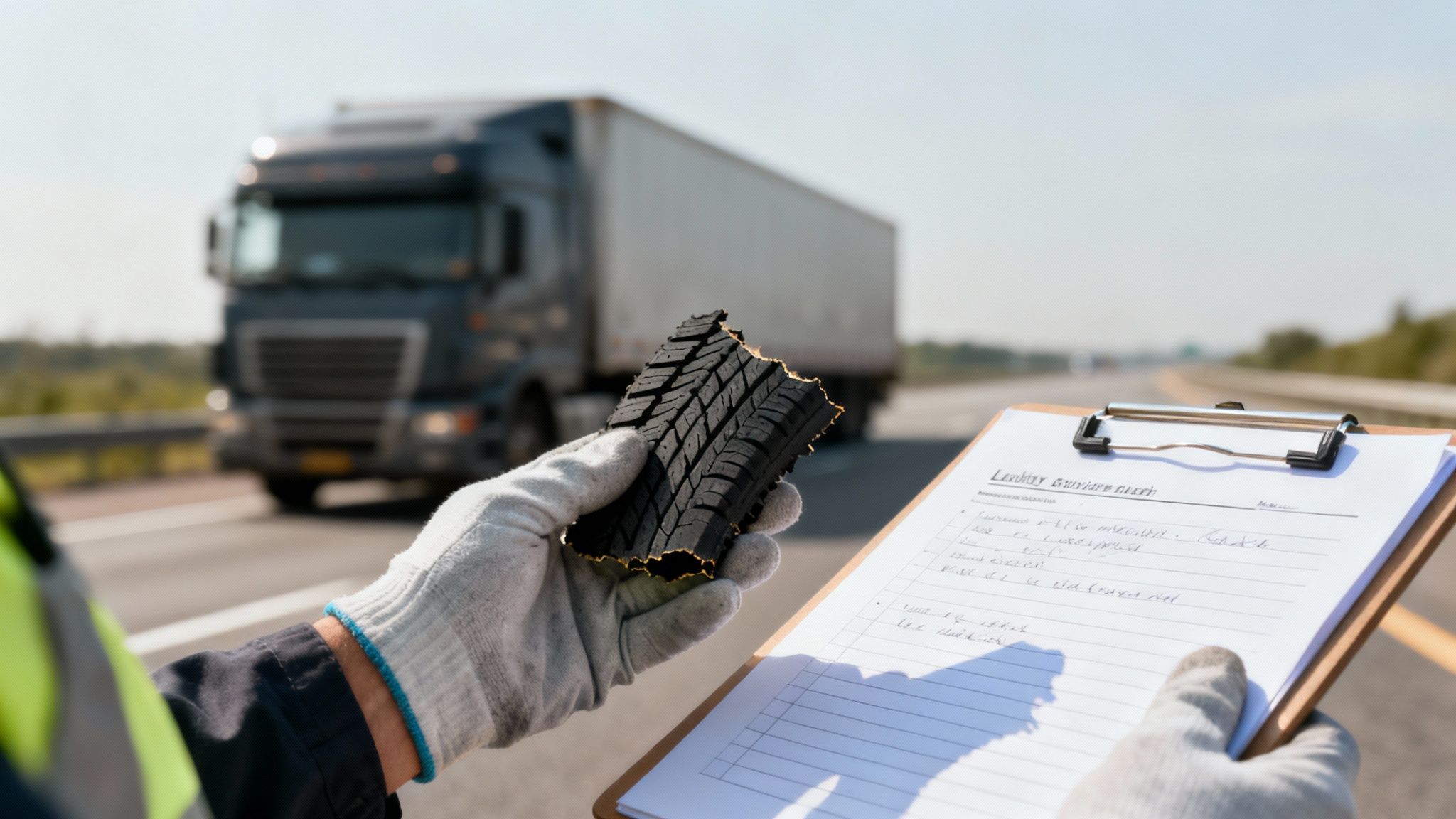 Inspector examining damaged tire debris with clipboard documenting truck accident evidence on Texas highway