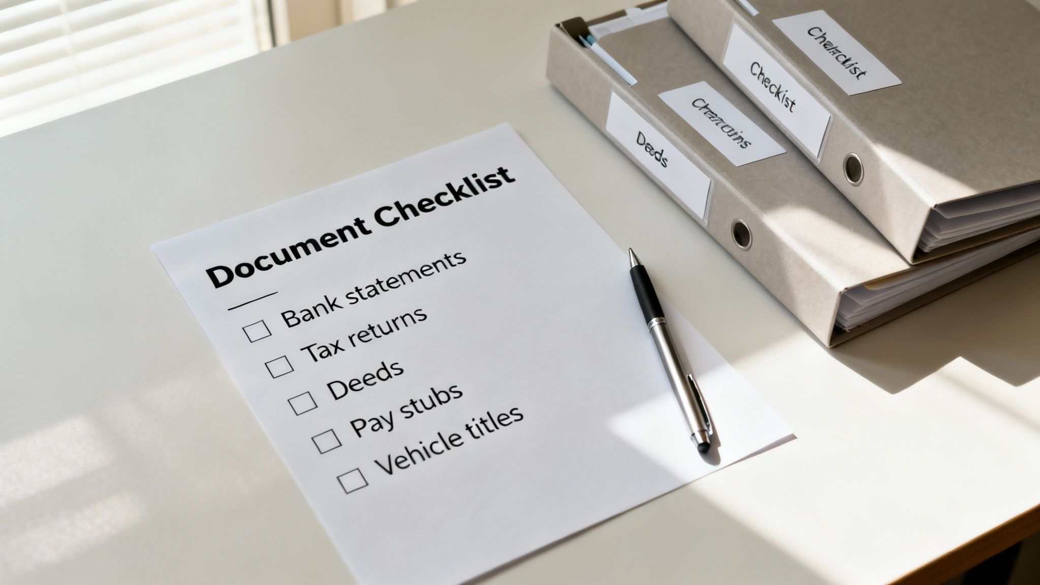 A document checklist with a pen, next to labeled binders for organizing important paperwork.