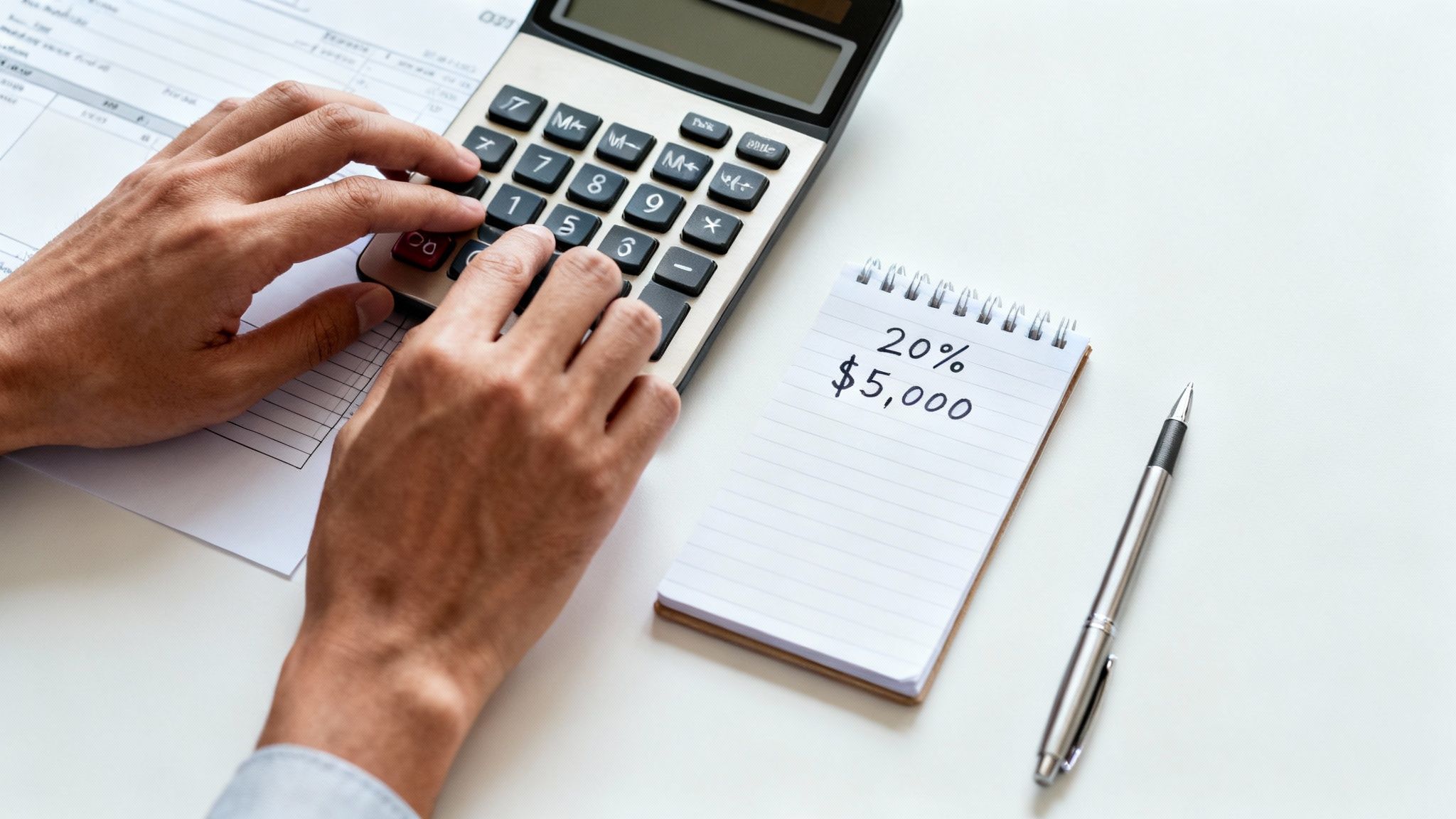 Close-up of hands using a calculator next to a notepad showing 20% and $5,000, signifying financial calculation.