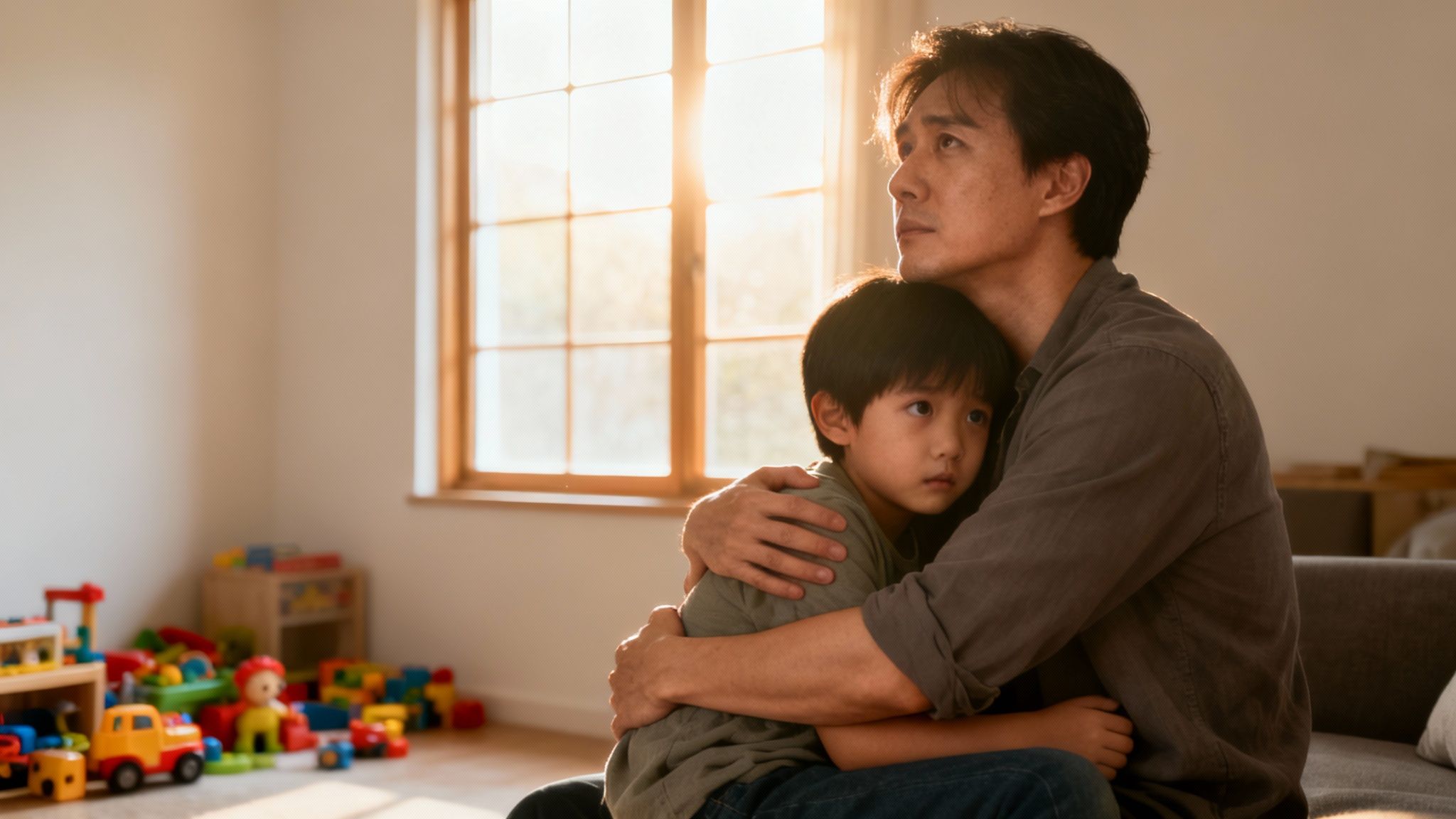 Padre e hijo asiáticos se abrazan con expresiones preocupadas en un hogar iluminado por el sol.