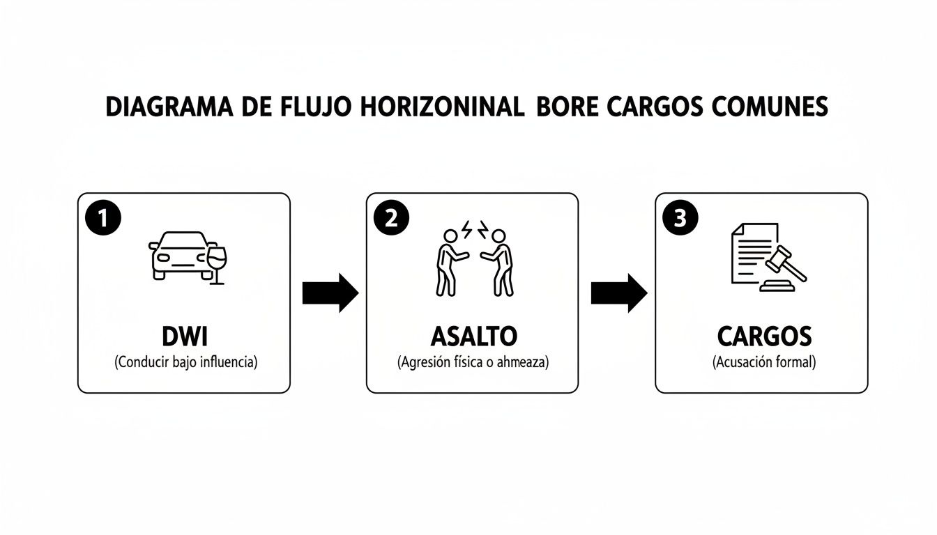 Diagrama de flujo horizontal que muestra cargos criminales comunes: DWI, asalto y cargos formales.