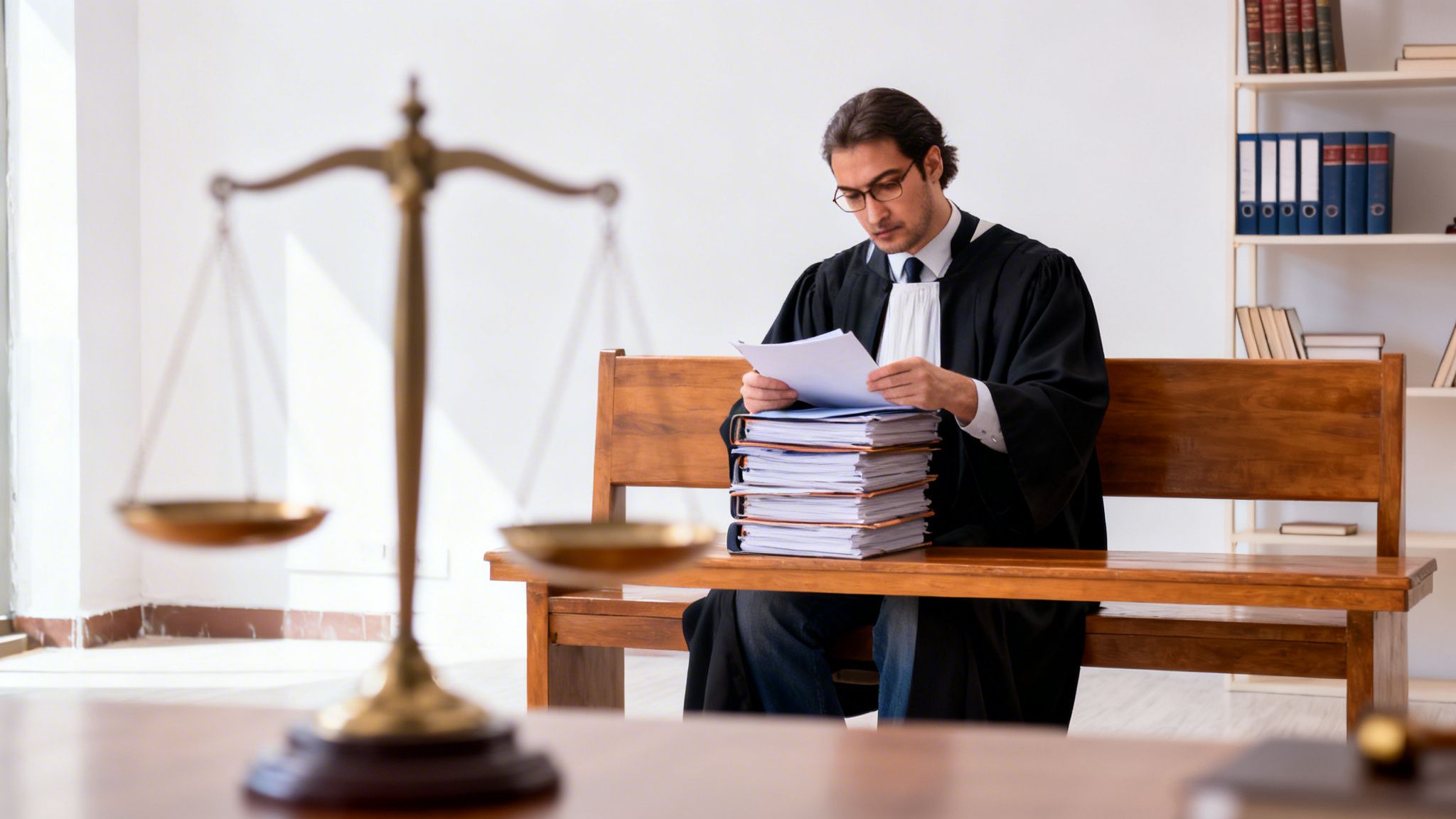 A male lawyer in a black robe reviews legal documents in a courtroom with a scale of justice.