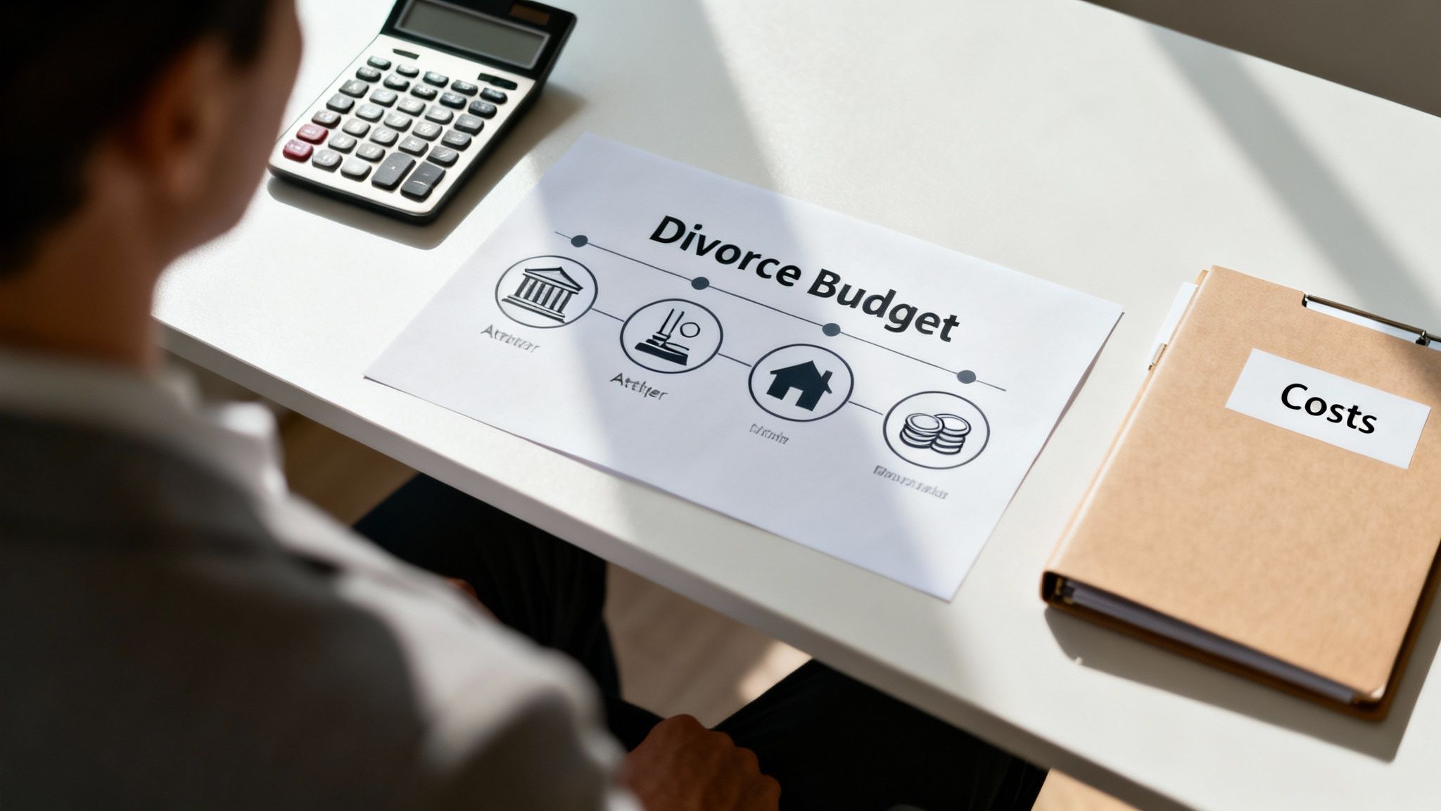 Person reviewing a 'Divorce Budget' document with a calculator and a 'Costs' folder on a white desk.
