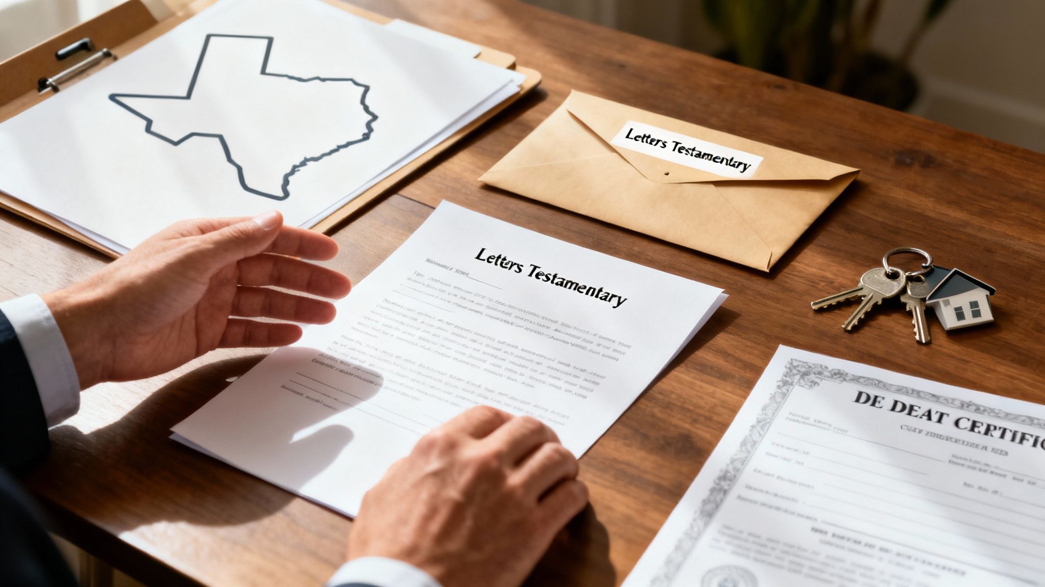 Hands review 'Letters Testamentary' with a Texas map, estate documents, and house keys on a wooden desk.
