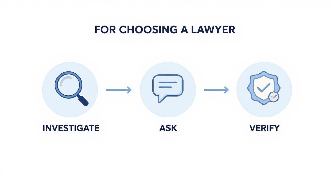 Infografía que muestra los tres pasos para elegir un abogado: investigar, preguntar y verificar, representados con iconos de lupa, bocadillo de diálogo e insignia.