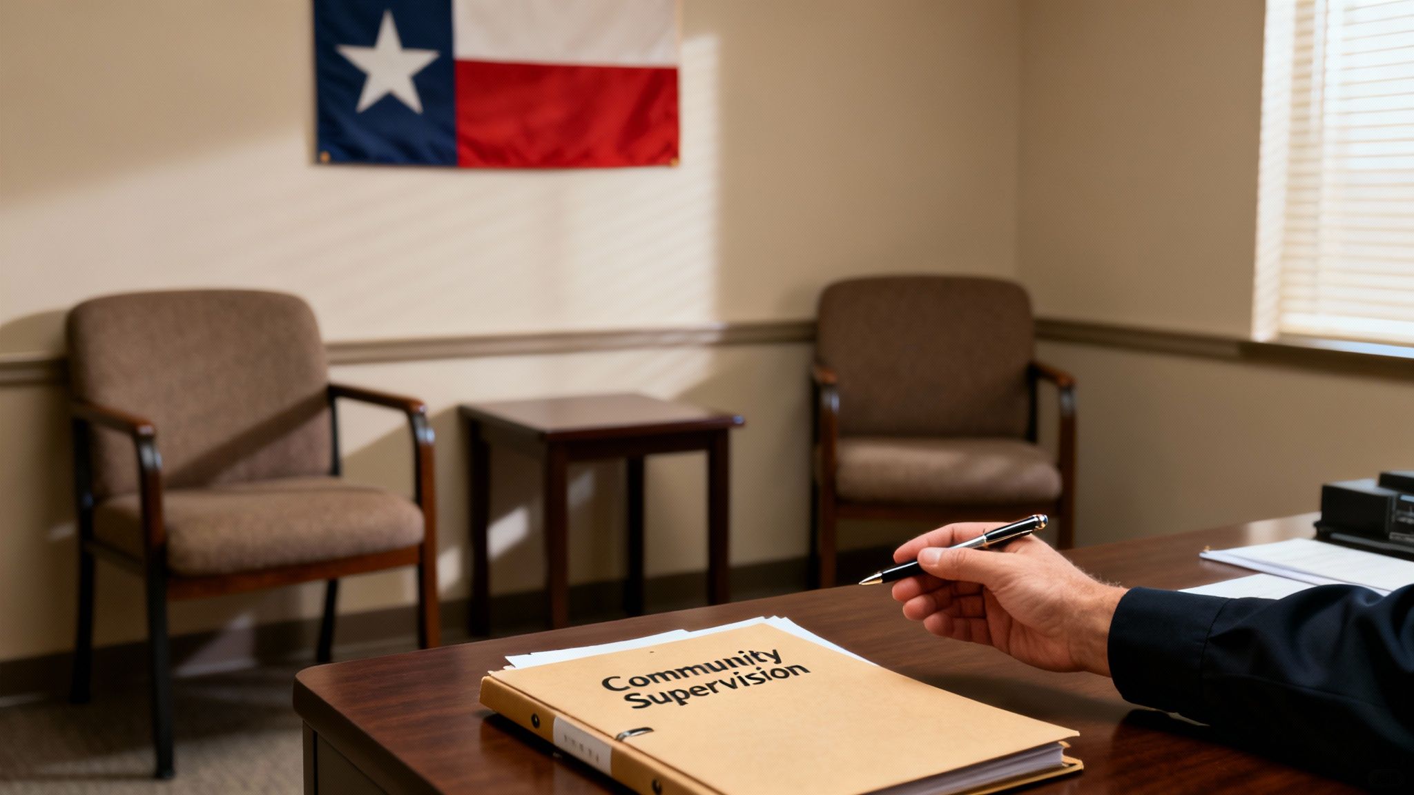 A person's hand with a pen over a folder titled "Community Supervision" on a desk in an office with a Texas flag.