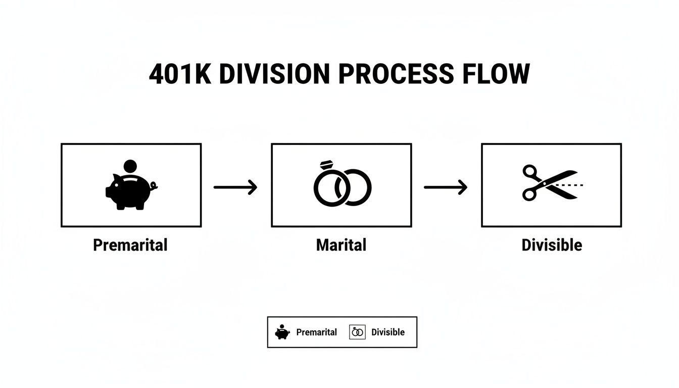 Flowchart illustrating the 401K division process from premarital savings to marital and finally divisible assets.