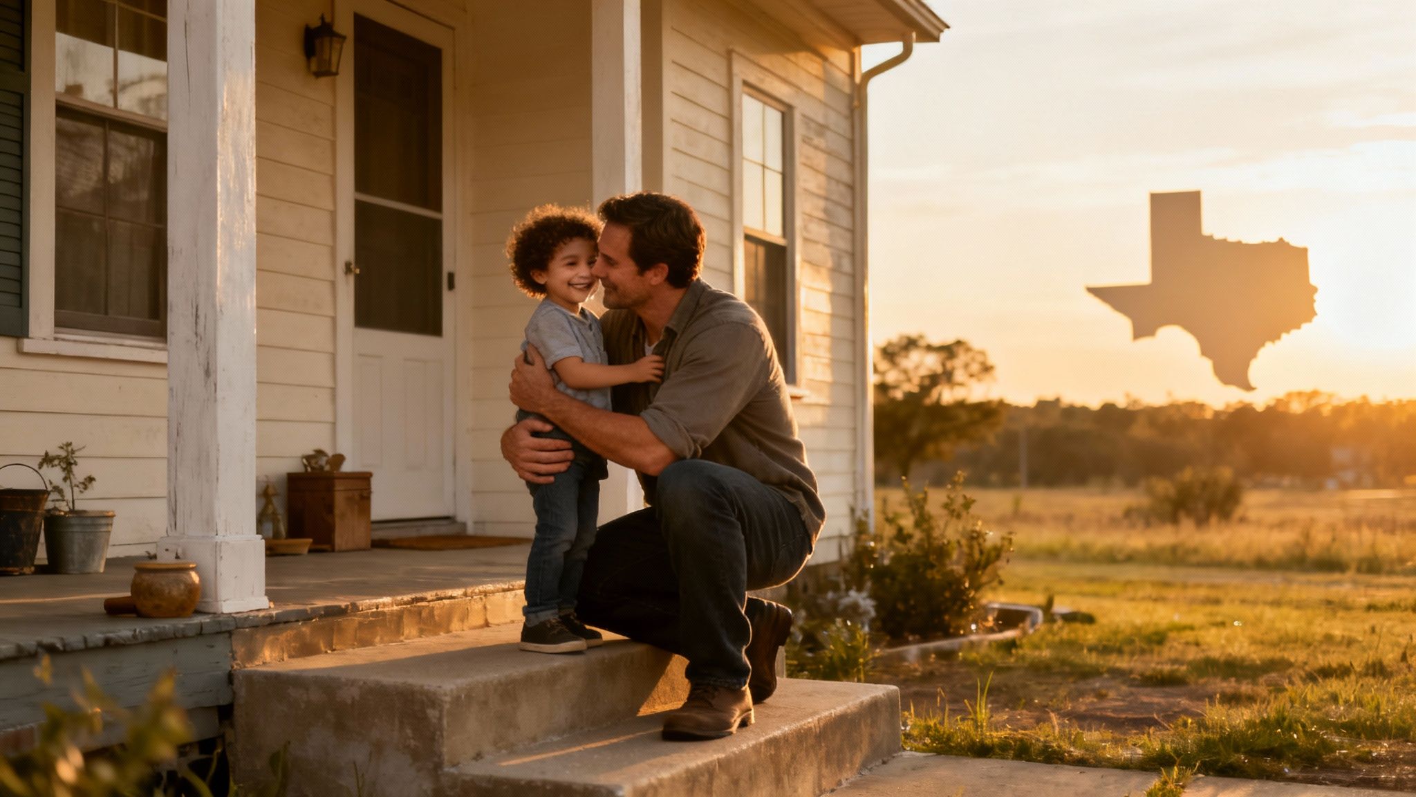 A loving father embraces his smiling young son on a porch at sunset in Texas.