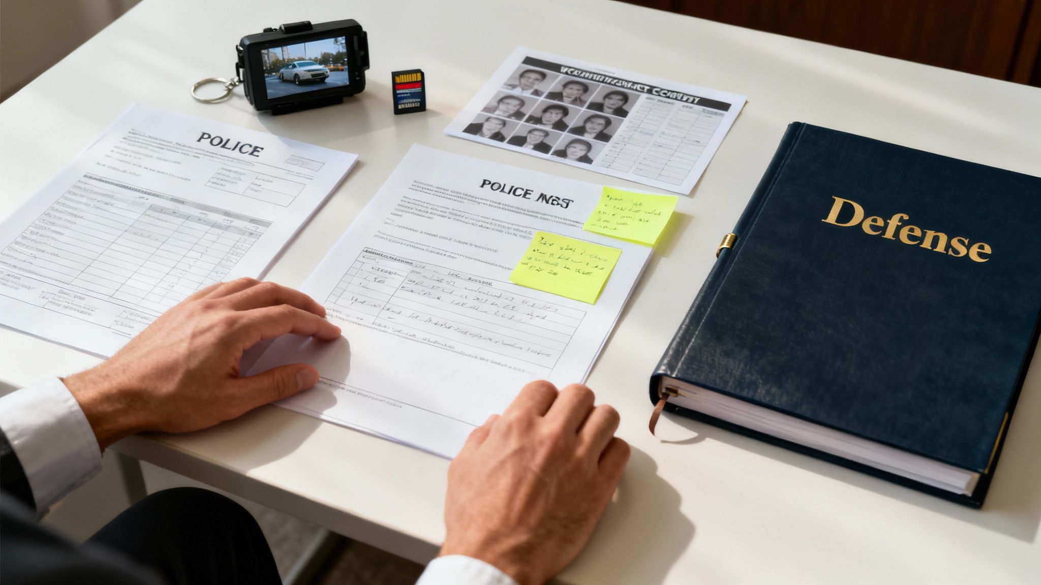 Documents related to DWI case preparation, including police reports and a defense binder, with a hand reviewing evidence, emphasizing the importance of meticulous preparation for SOAH hearings.